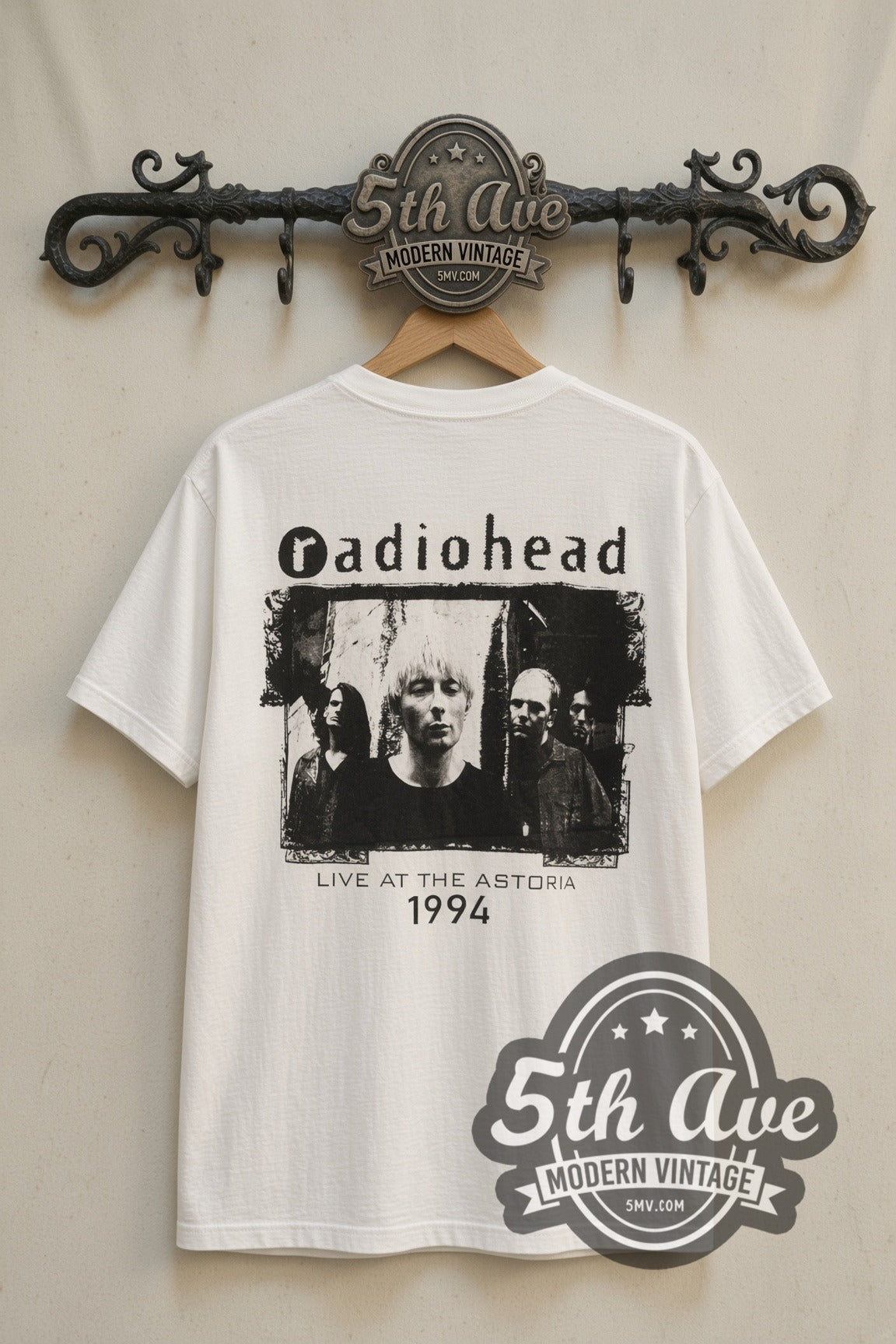 Back print of Radiohead Astoria 1994 band photo tee on the 5MV rack
