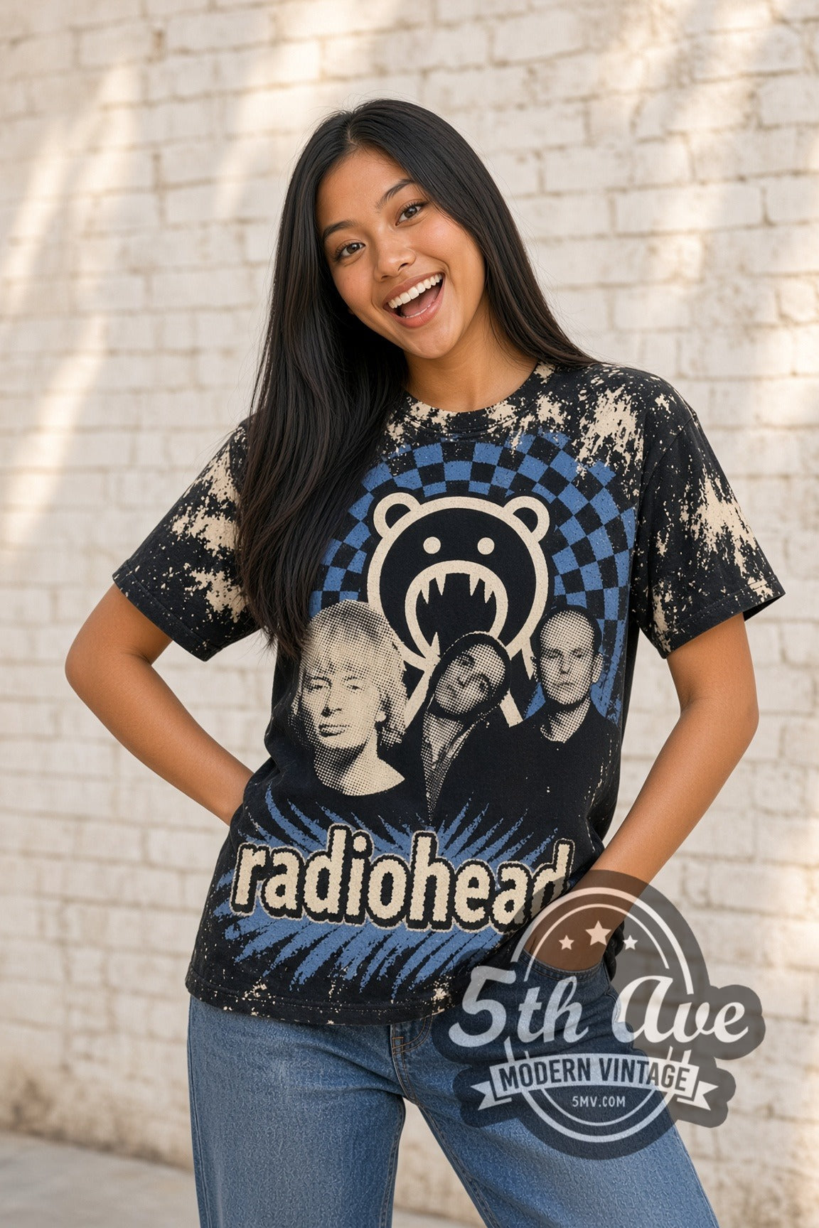 Man wearing black Radiohead vintage all over print band t-shirt