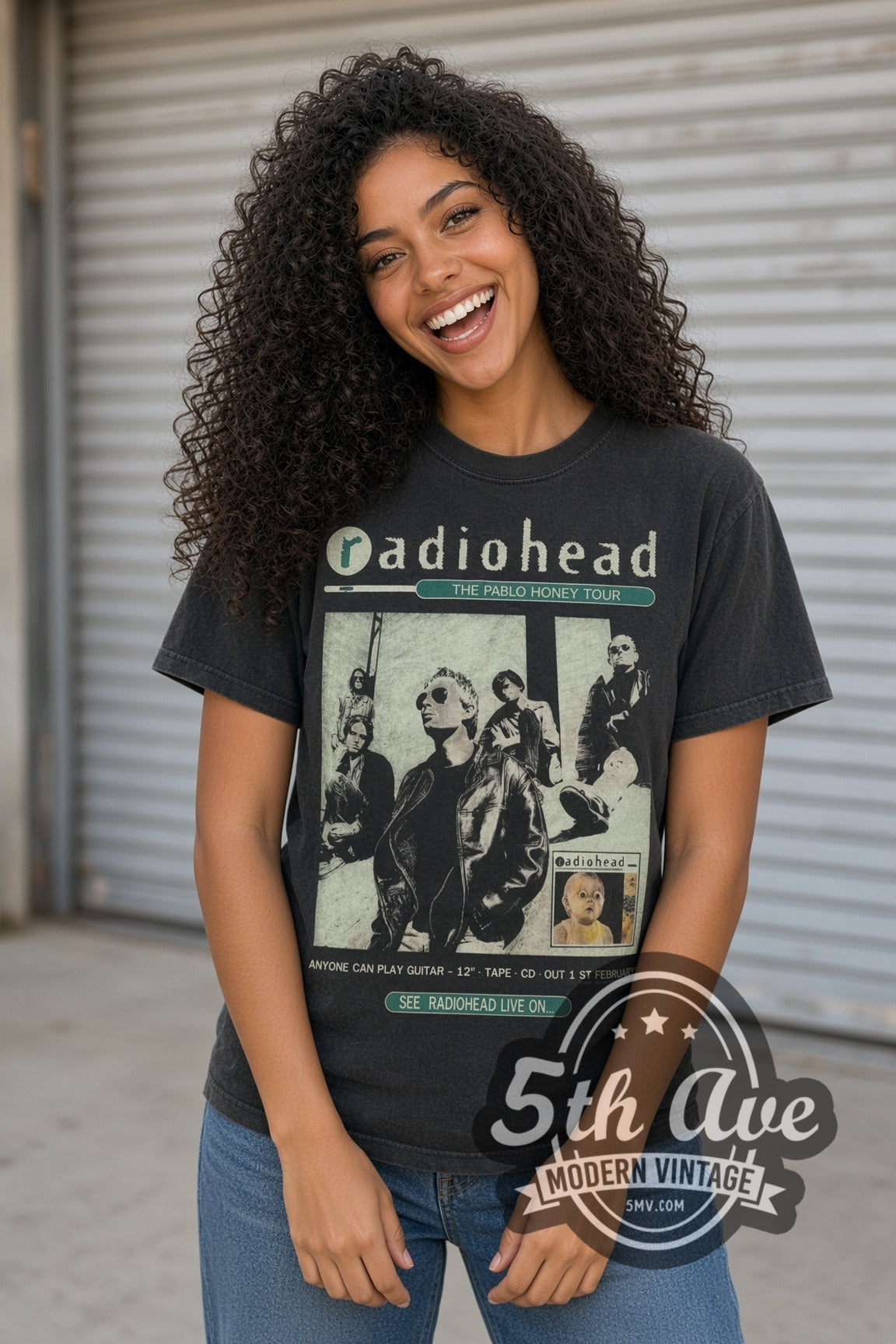 Model wearing the Radiohead Pablo Honey Bear Logo band t-shirt in black