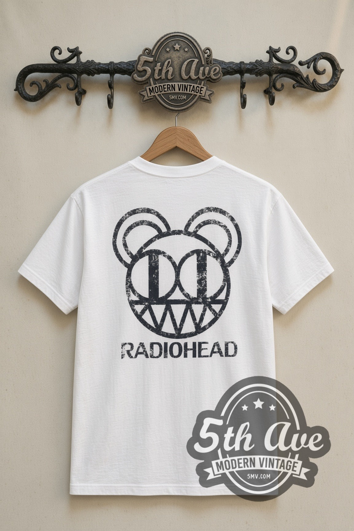 Radiohead Pablo Honey Bear Logo band t-shirt in white, back view on the 5MV rack