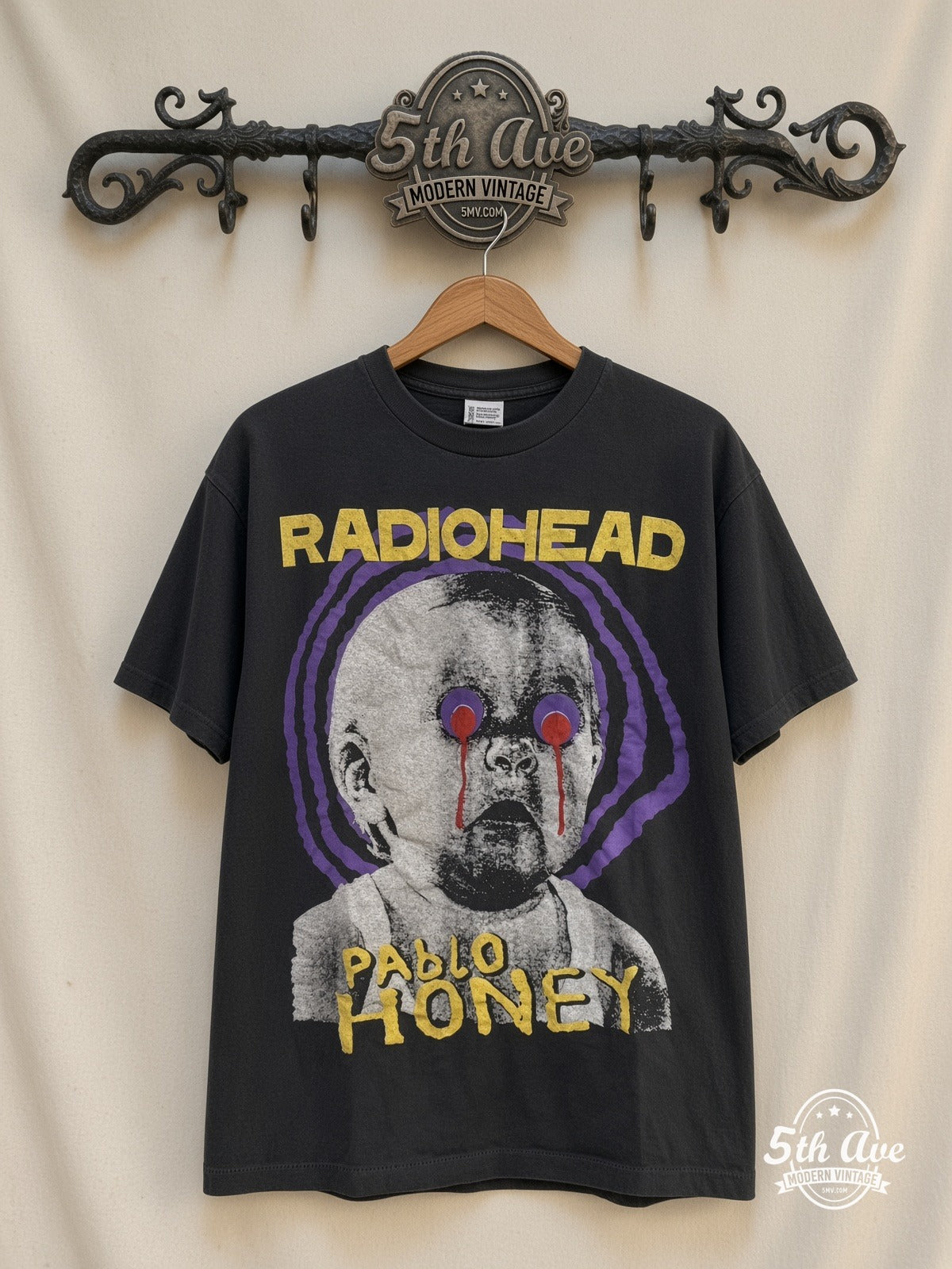 Radiohead Pablo Honey Purple Spiral Baby vintage band t-shirt on rack