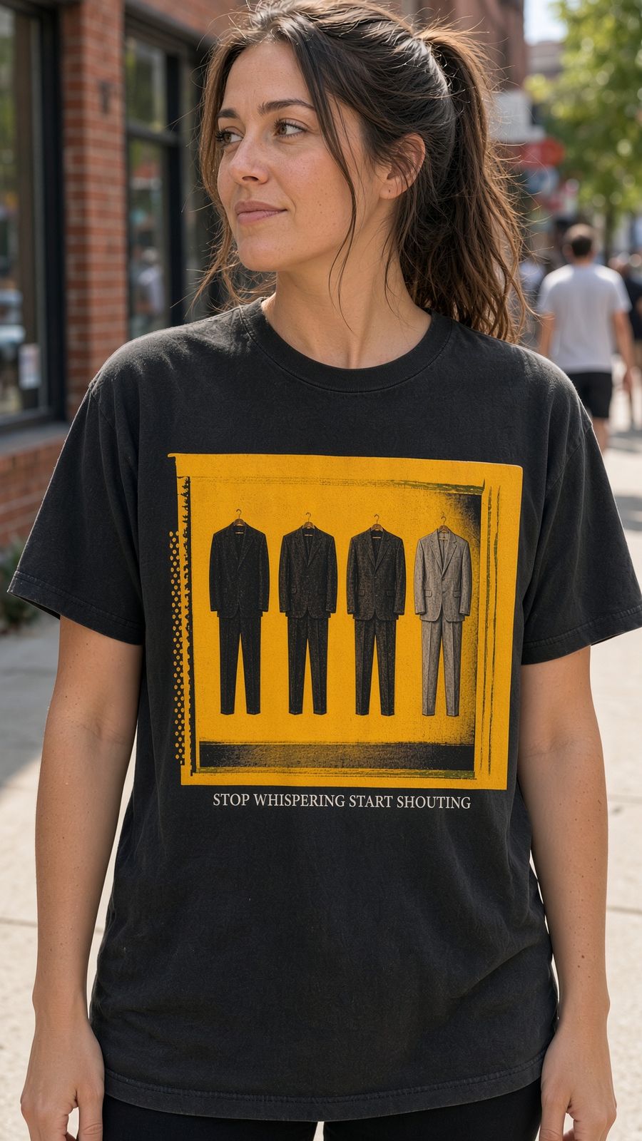 Model wearing Radiohead Stop Whispering vintage band t-shirt
