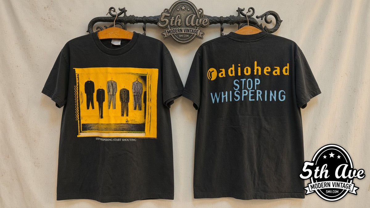 Radiohead Stop Whispering vintage band t-shirt front and back on rack
