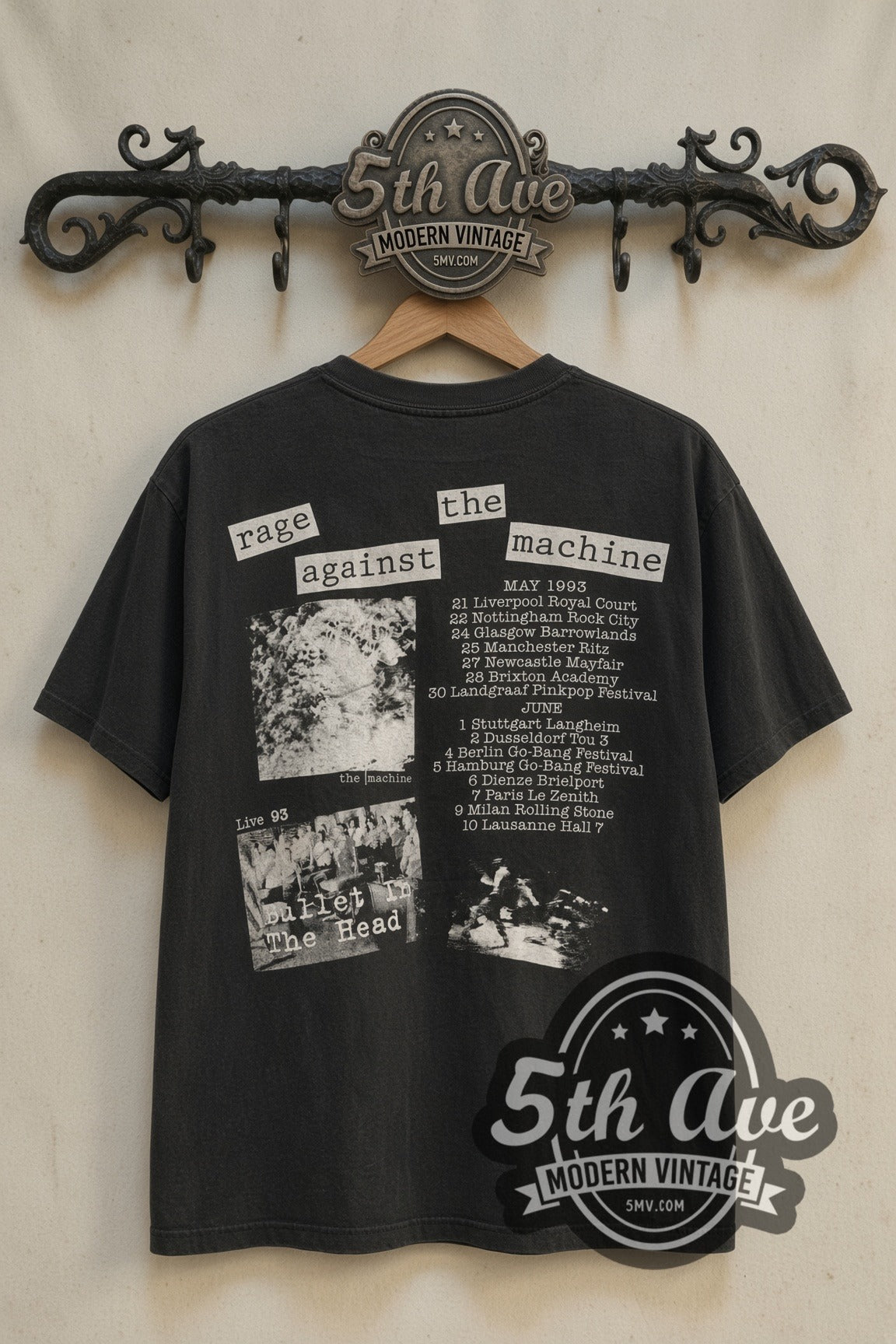 Back print of Rage Against the Machine Burning Monk May-June 1993 Tour tee on 5th Ave rack