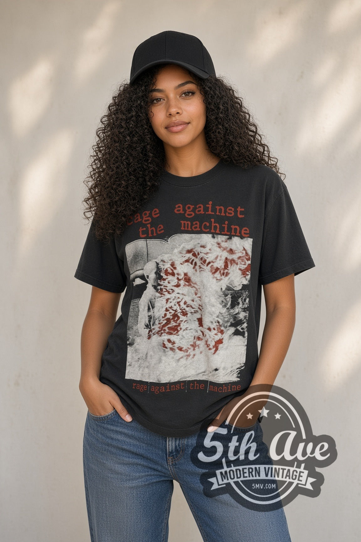 Woman wearing faded black Rage Against the Machine Burning Monk May-June 1993 Tour vintage band t-shirt