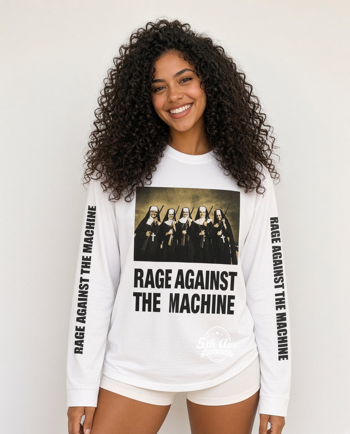 Model wearing Rage Against the Machine Nuns With Guns White Long Sleeve vintage t-shirt