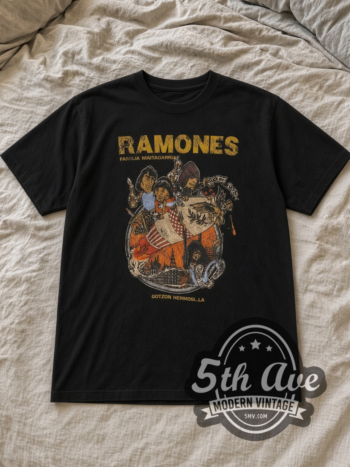 Black Ramones Hey Ho Let's Go Fuerza Eagle Crest Vintage Band T-Shirt laid flat on a linen bed