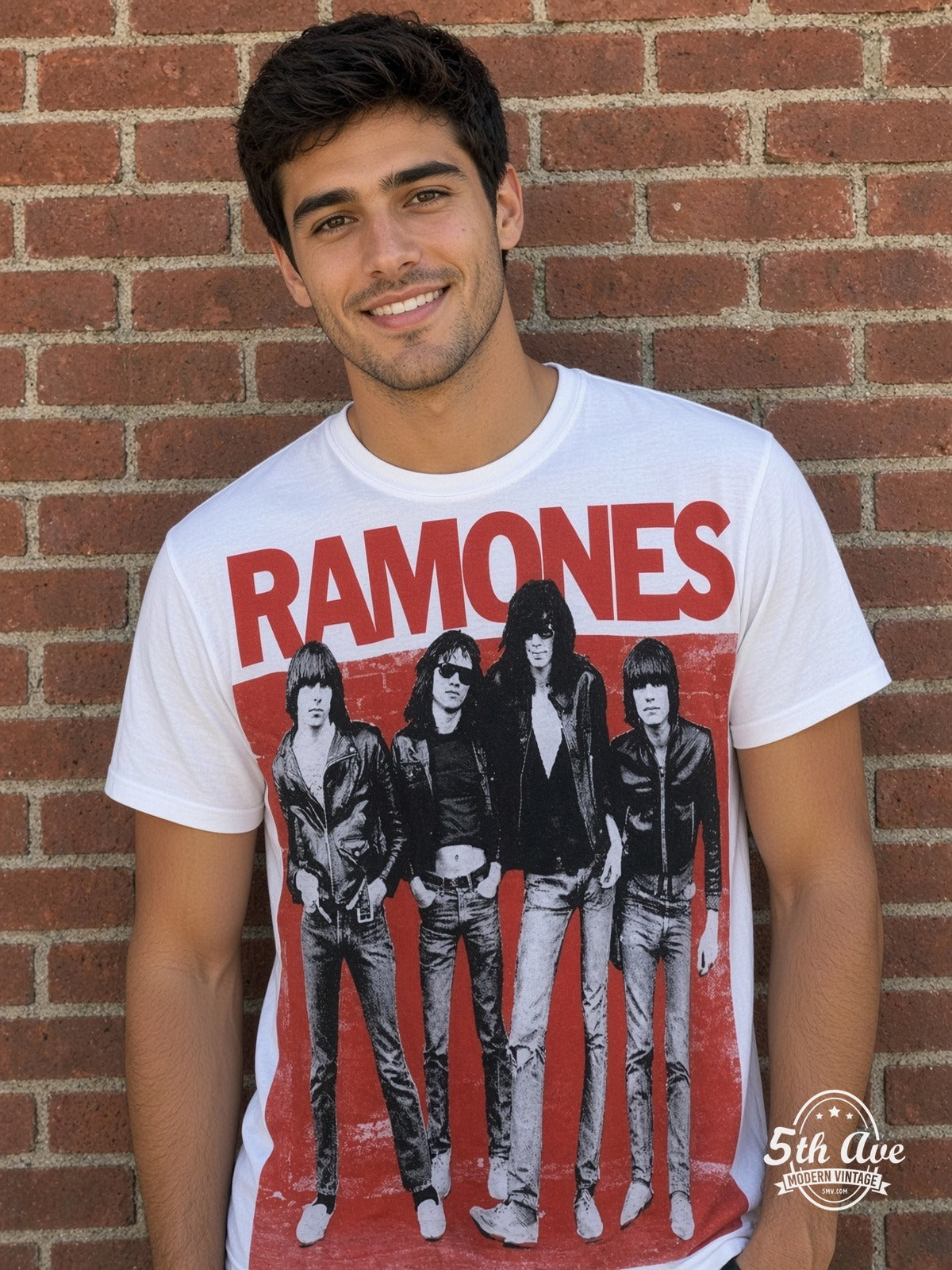 Ramones Band Photo Red Logo White all over print vintage tee model wearing