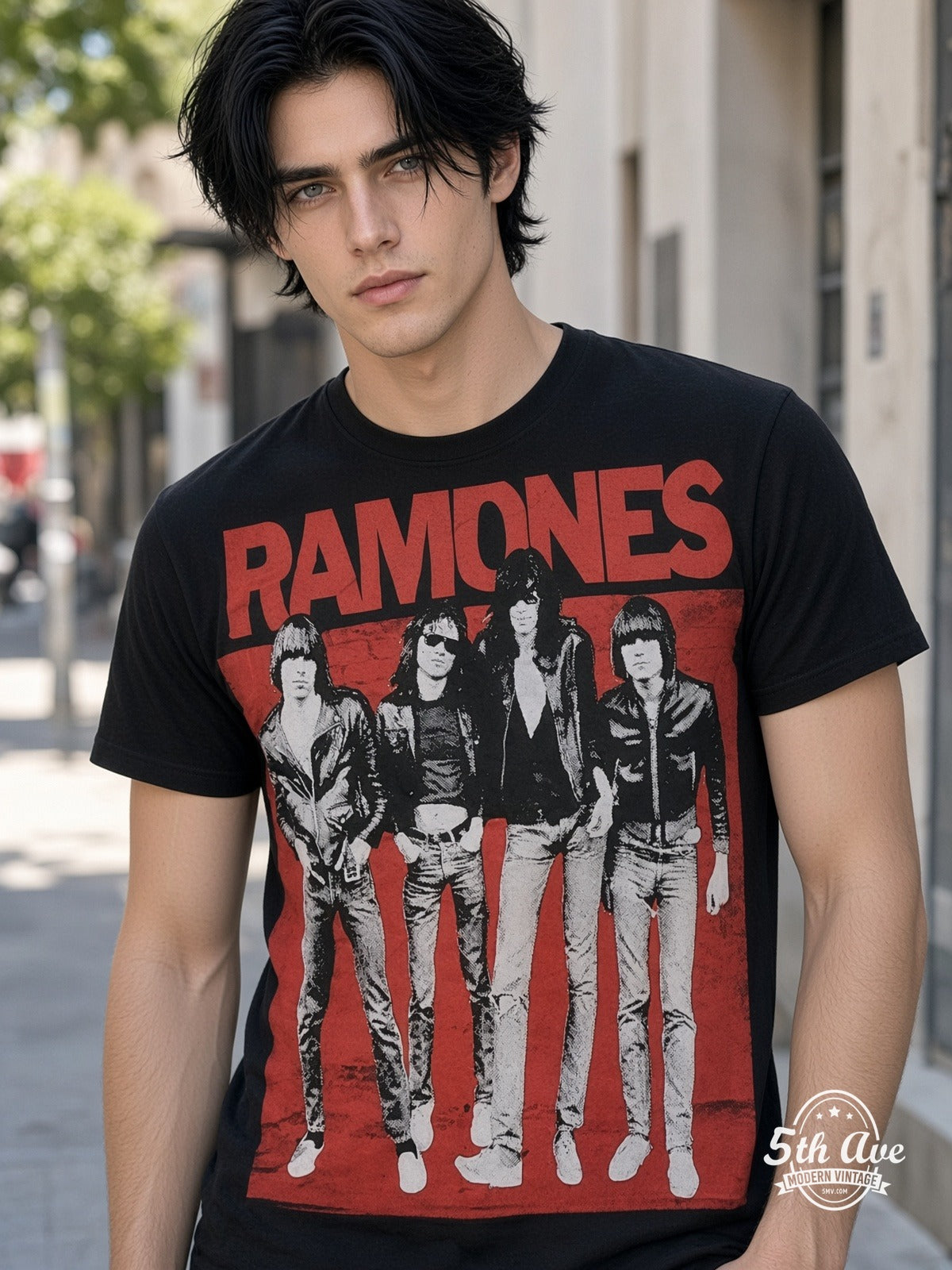 Ramones Band Photo Red Logo all over print vintage tee model wearing