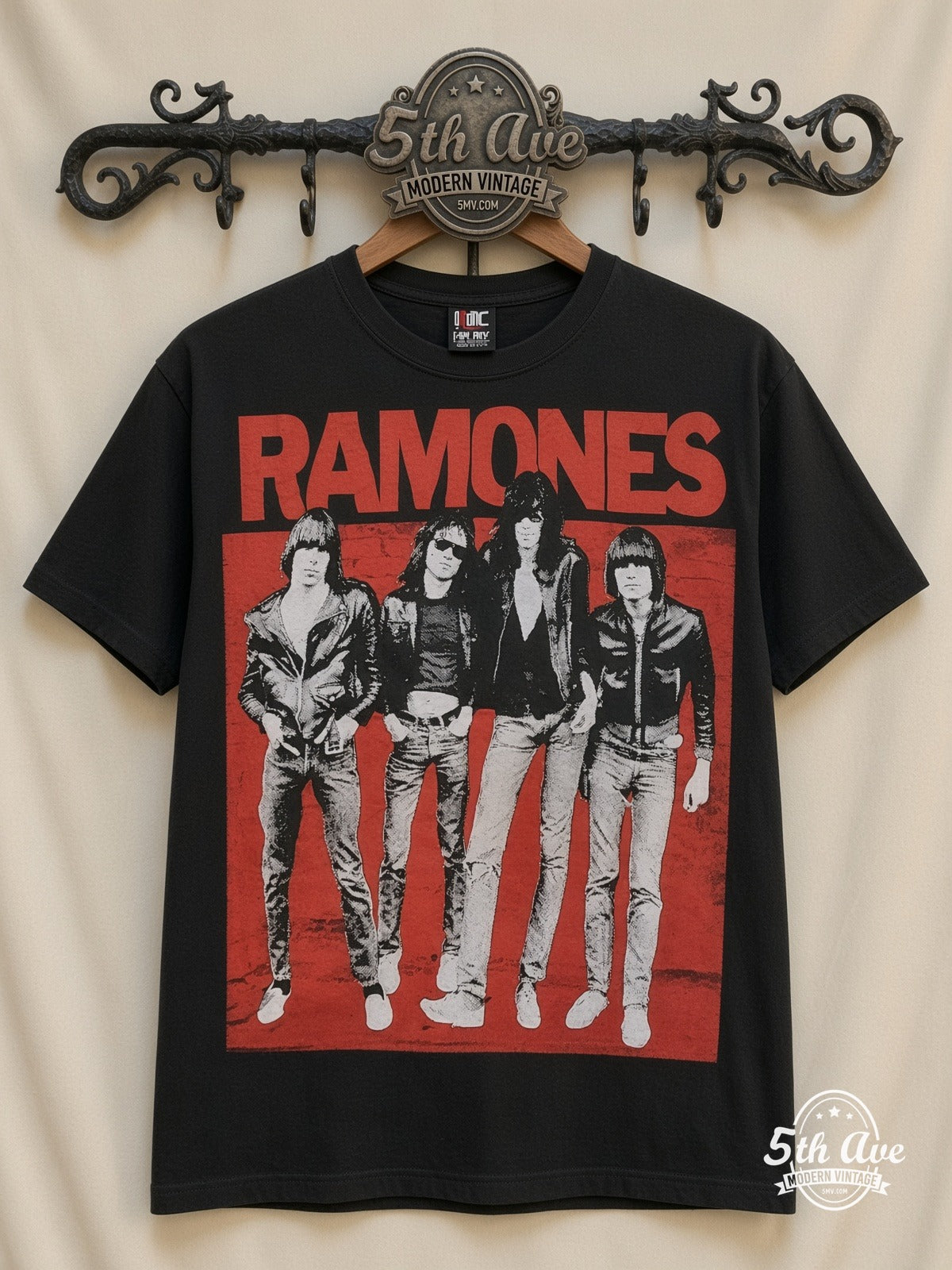 Ramones Band Photo Red Logo all over print vintage band t-shirt front on cream 5th Ave rack