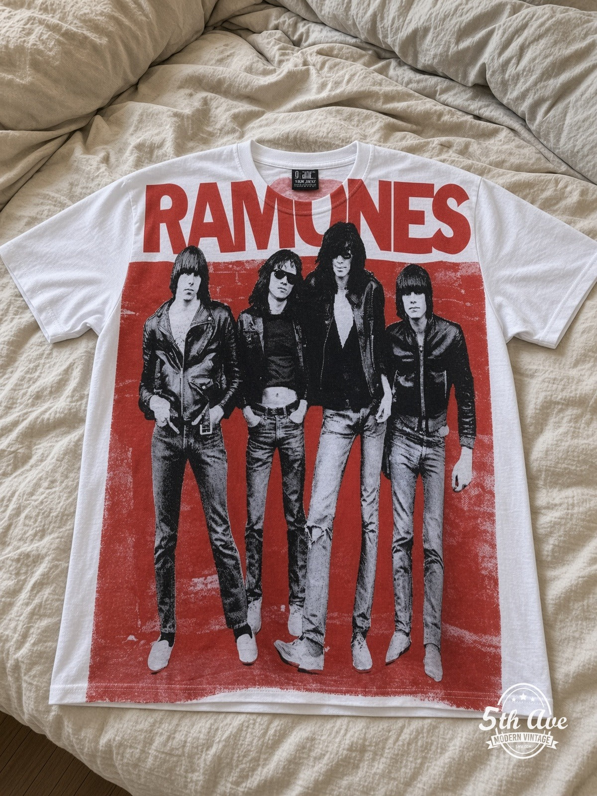 Ramones Band Photo Red Logo White all over print vintage tee laid on bed