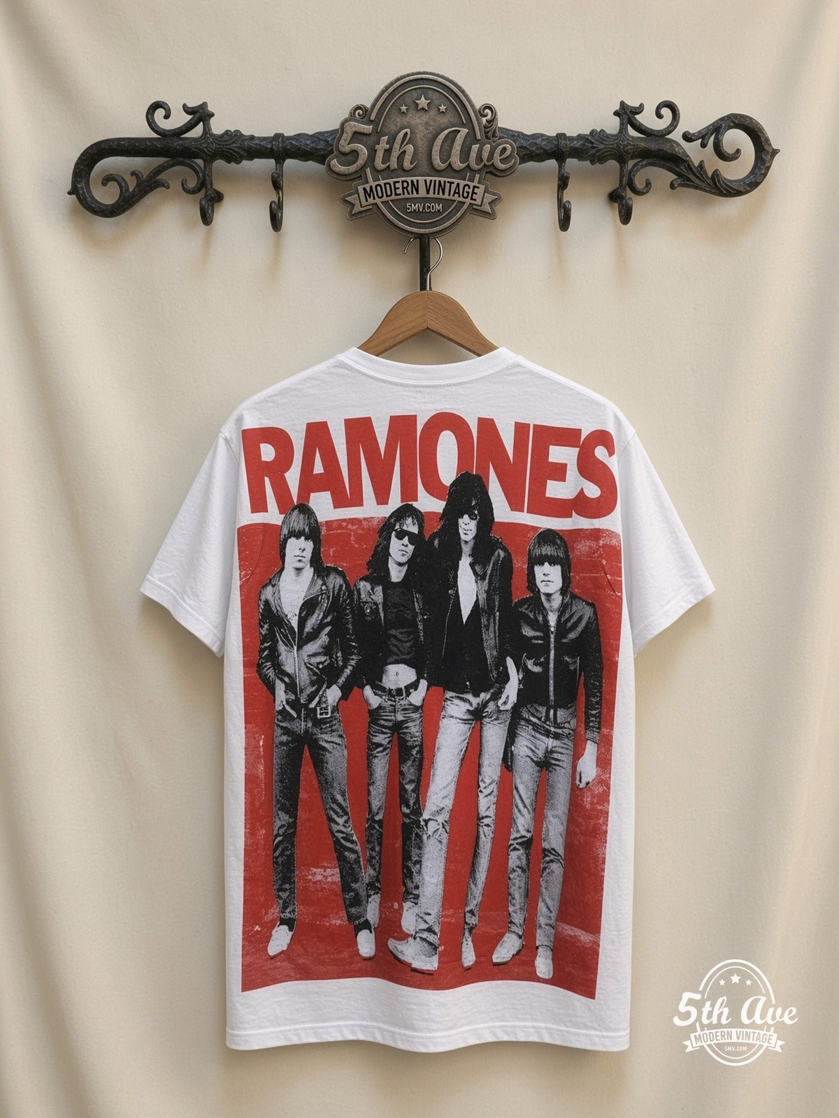 Ramones Band Photo Red Logo White all over print vintage tee back on cream 5th Ave rack