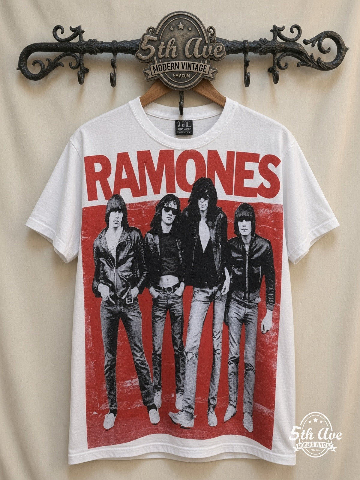 Ramones Band Photo Red Logo White all over print vintage band t-shirt front on cream 5th Ave rack