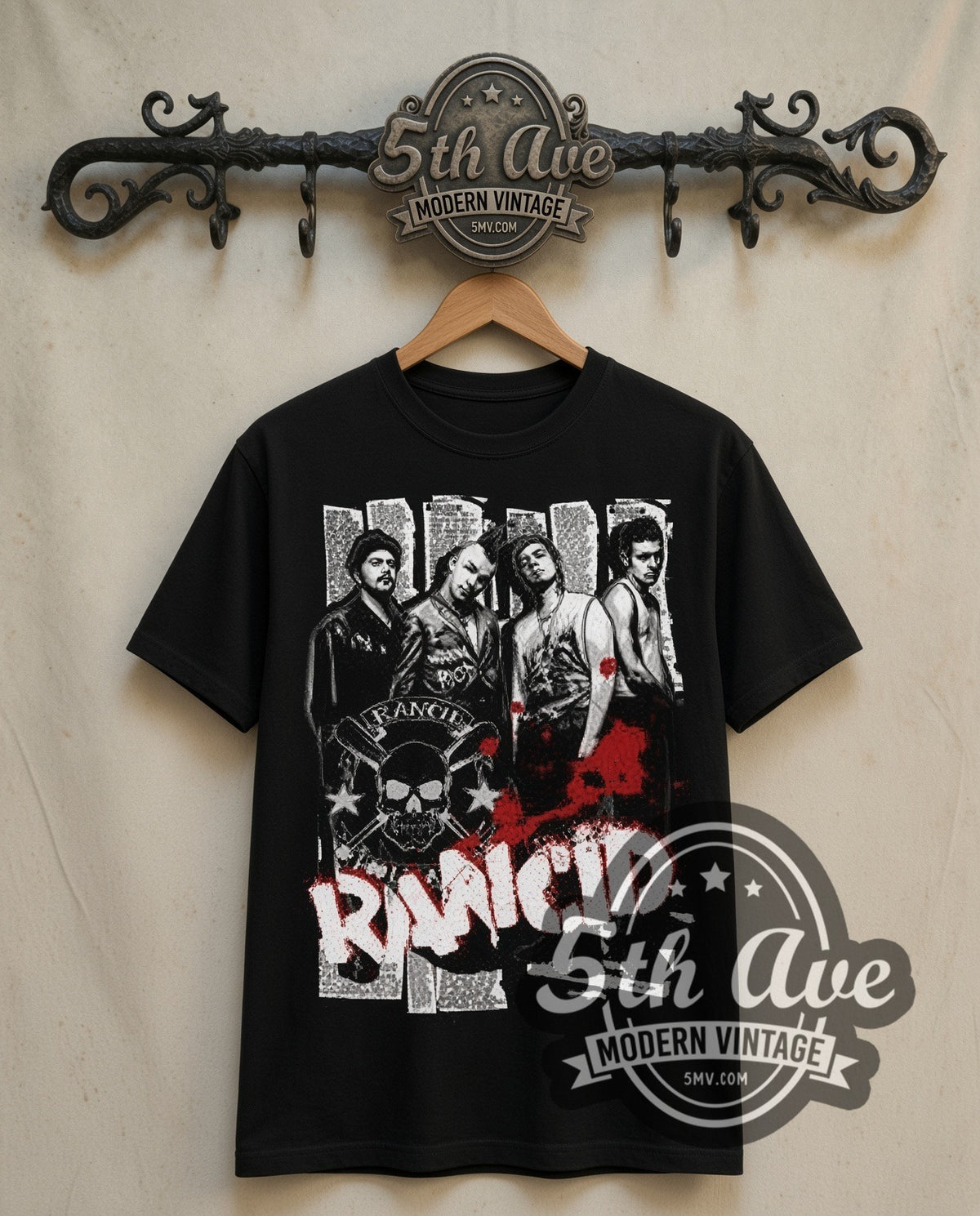 Rancid Band Collage with Skull double stitched black vintage band tee front on dark iron 5th Ave rack