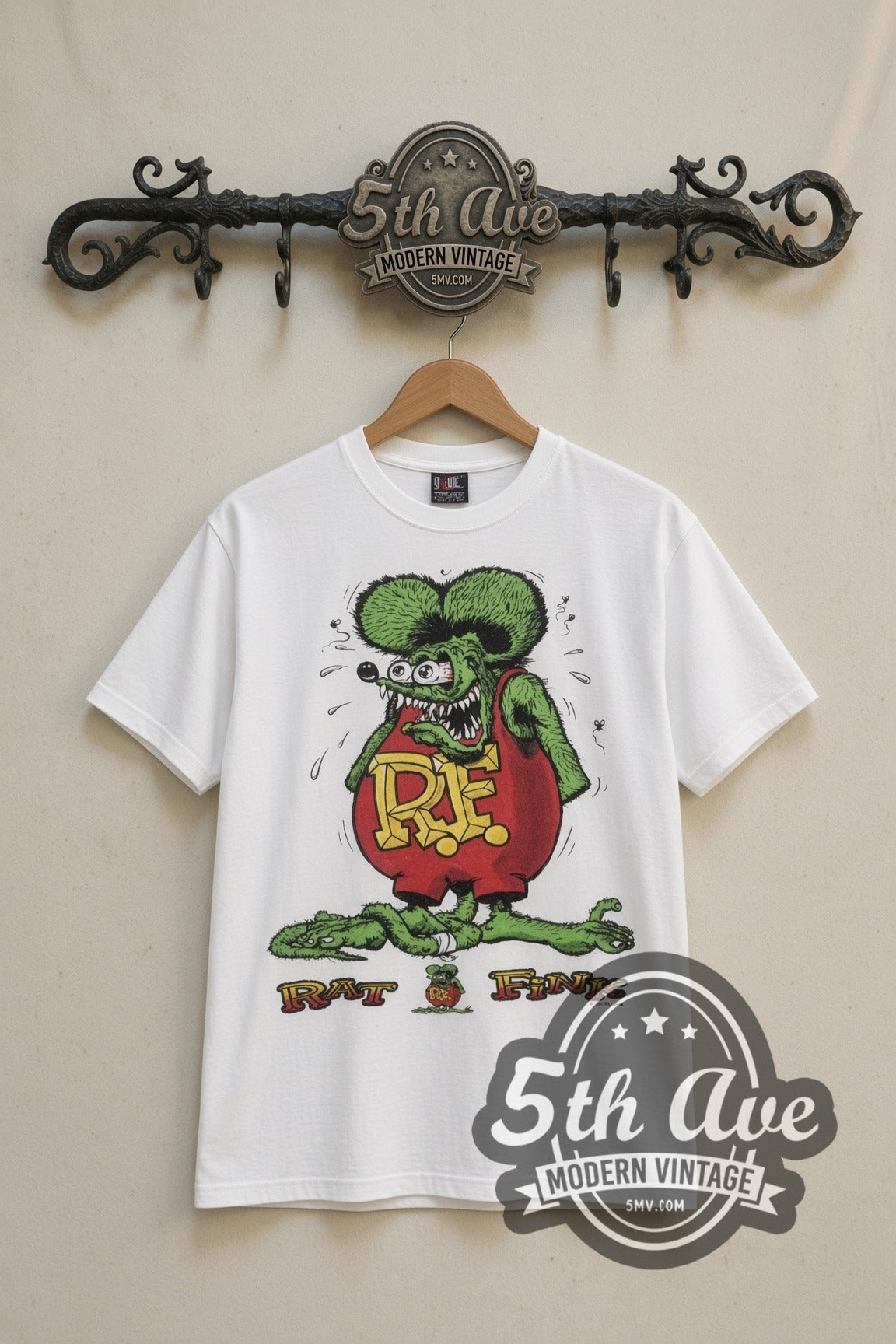 Rat Fink RF Hot Rod Garage cartoon tee in white, front view on a display rack