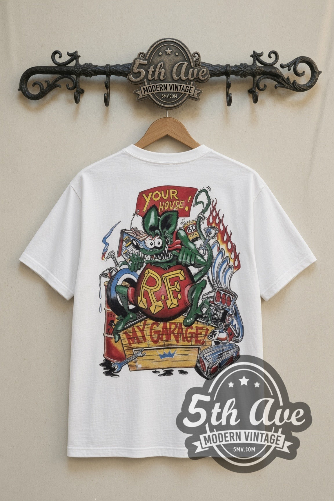 Rat Fink RF Hot Rod Garage cartoon tee in white, back view on a display rack