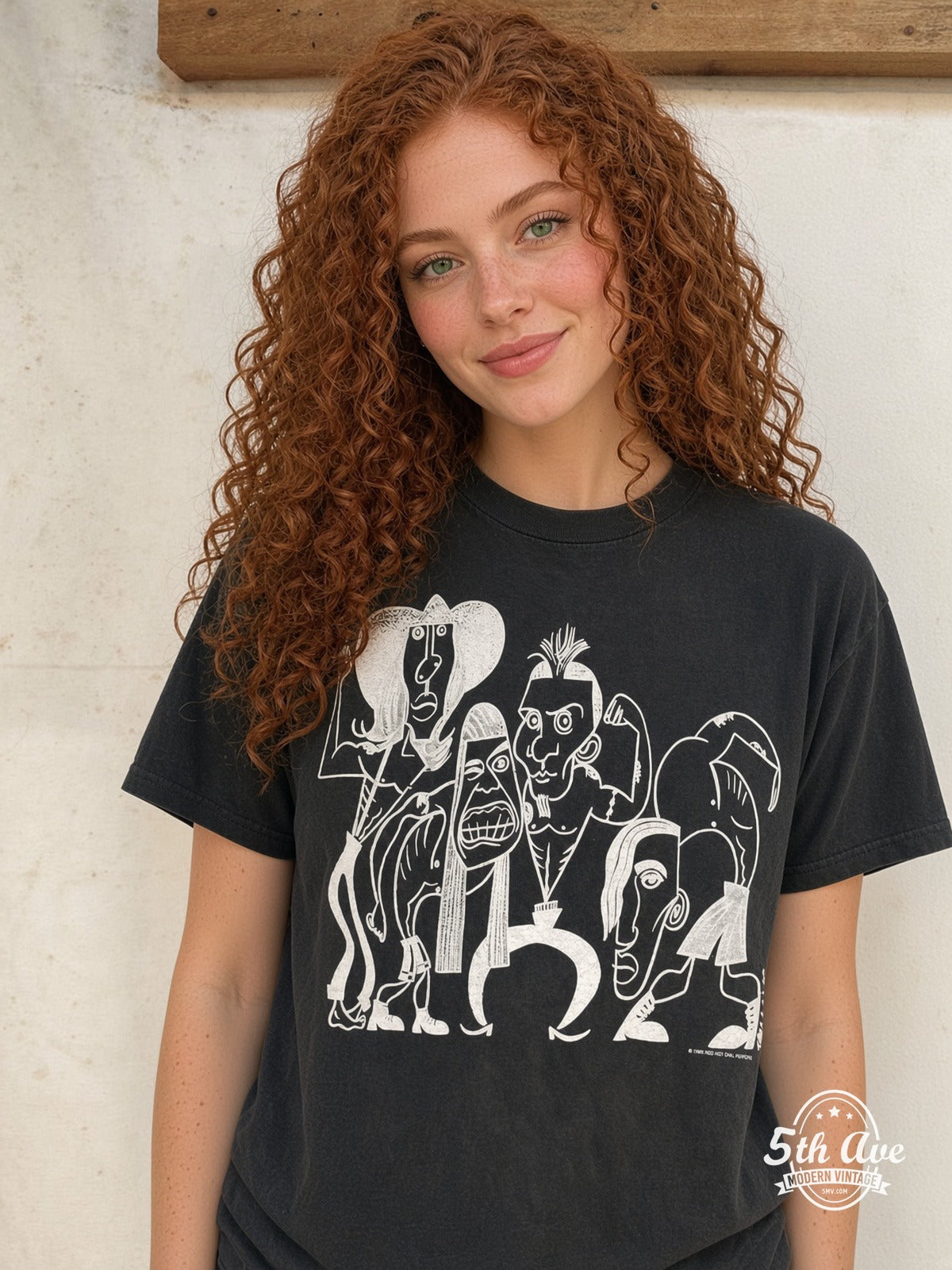 Model wearing Red Hot Chili Peppers 1991 Caricatures Asterisk vintage t-shirt