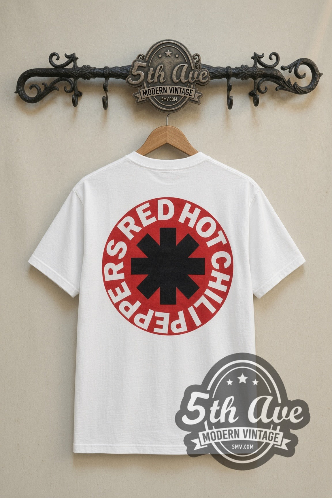 Red Hot Chili Peppers Asterisk Circle & Framed Art band t-shirt in white, back view on the 5MV rack