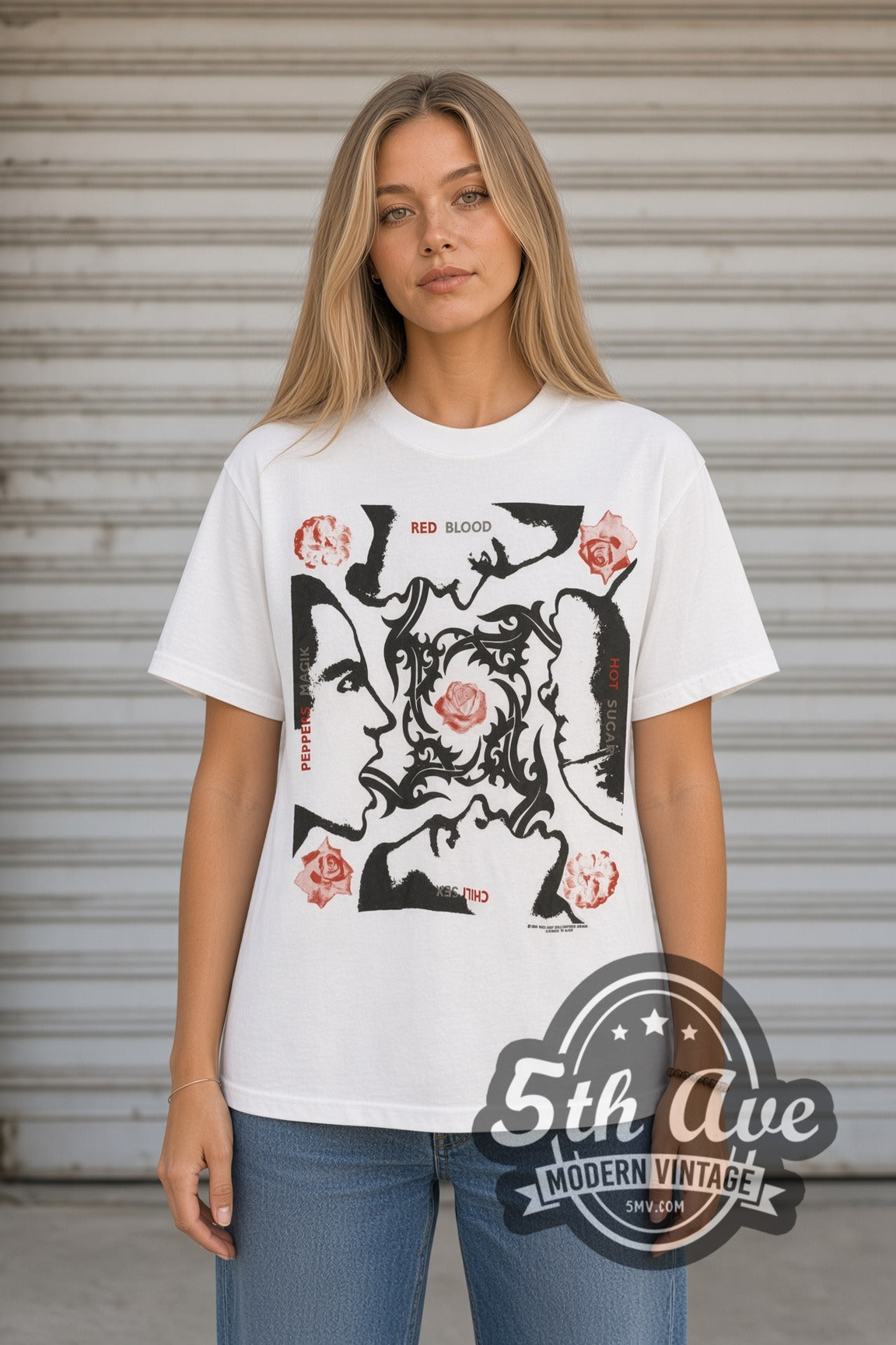Woman wearing white Red Hot Chili Peppers vintage band t-shirt