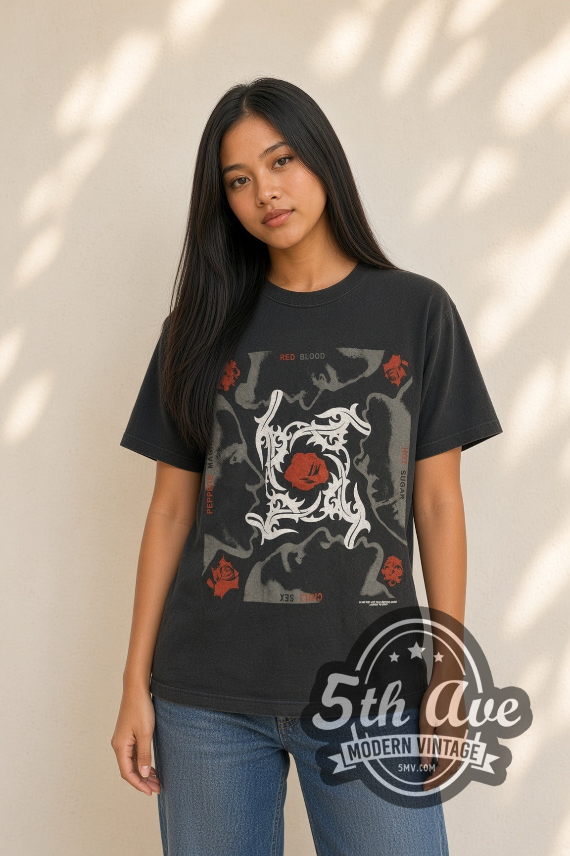 Woman wearing faded black Red Hot Chili Peppers Blood Sugar Sex Magik Asterisk Circle vintage band t-shirt