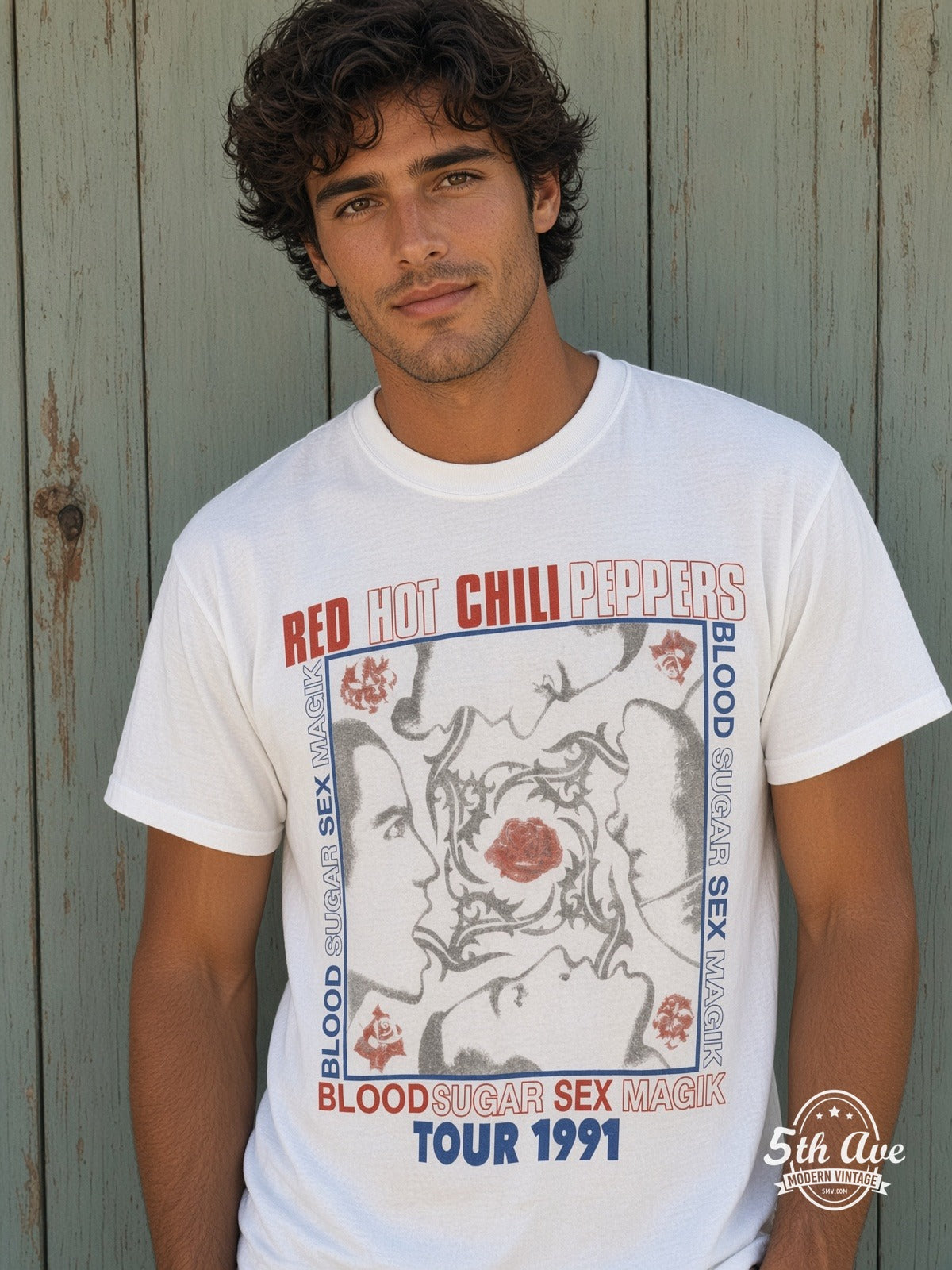 Model wearing Red Hot Chili Peppers Blood Sugar Sex Magik Tour 1991 vintage t-shirt