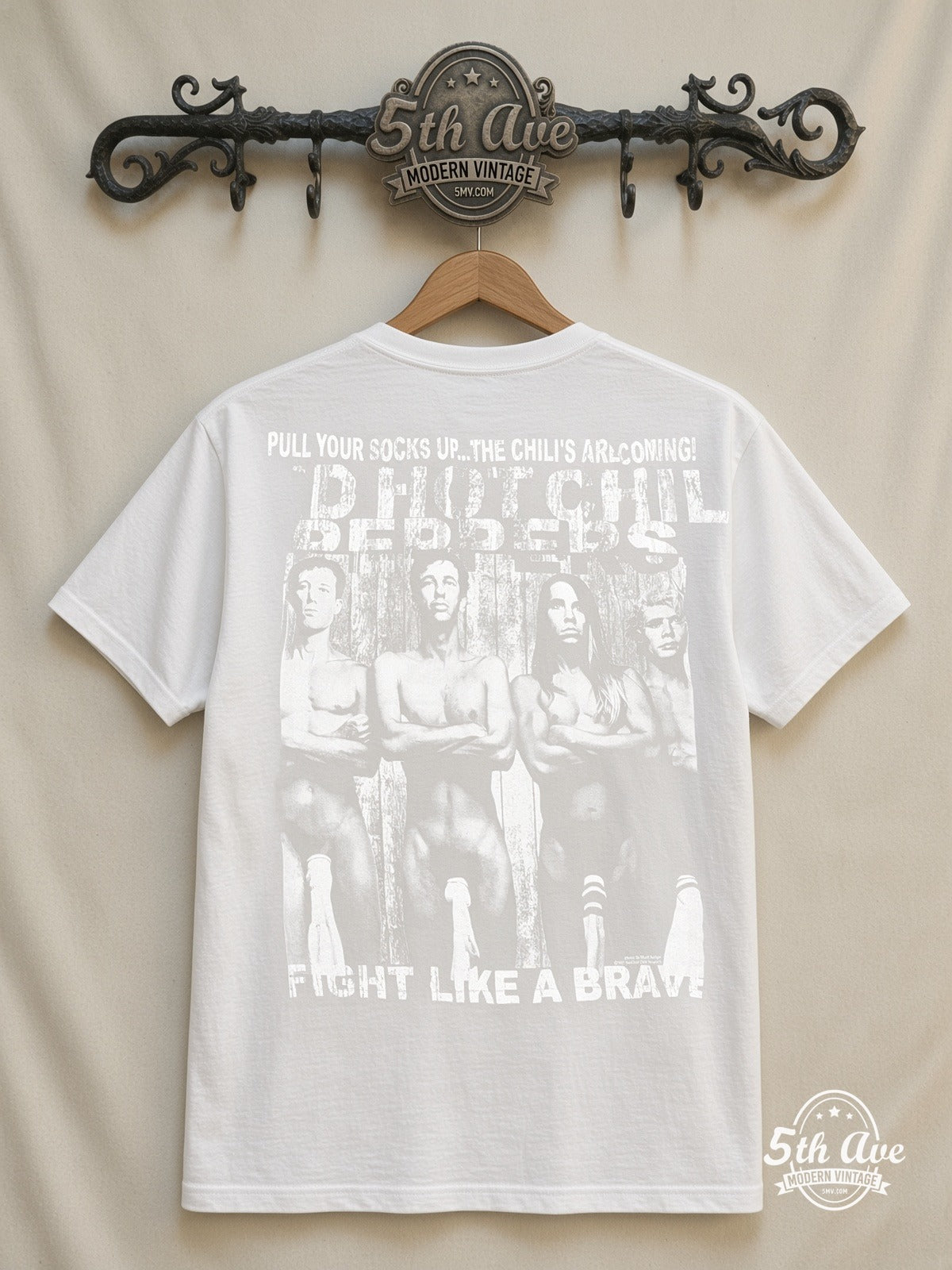 Red Hot Chili Peppers Fight Like A Brave Red Logo all over print vintage tee back on cream 5th Ave rack