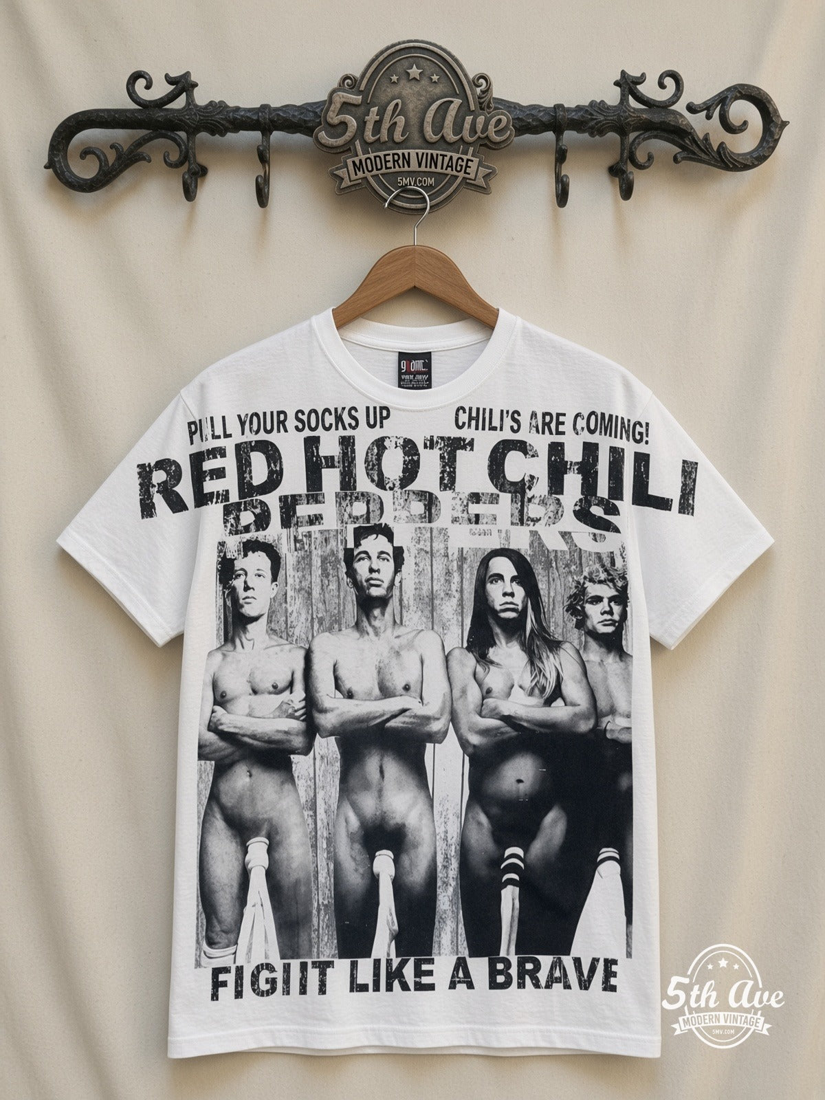 Red Hot Chili Peppers Fight Like A Brave all over print vintage band t-shirt front on cream 5th Ave rack
