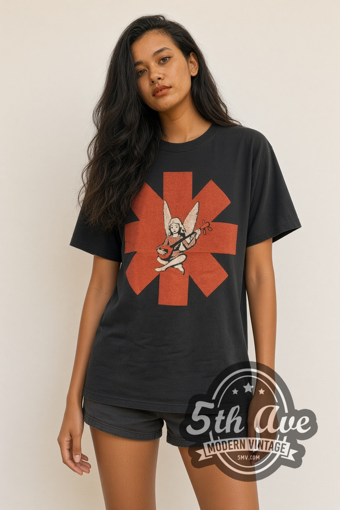 Model wearing Red Hot Chili Peppers Mandolin Angel Red Asterisk vintage band t-shirt