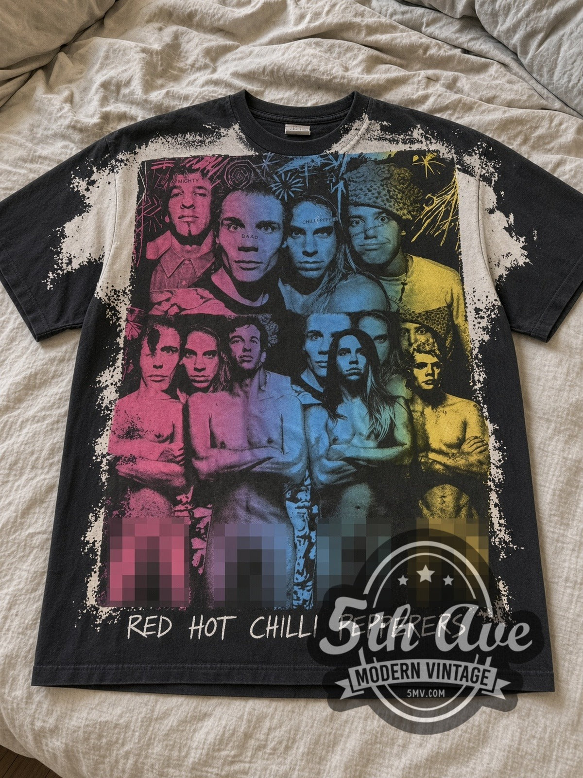 Black RHCP neon collage all over print tee laid flat on linen bed