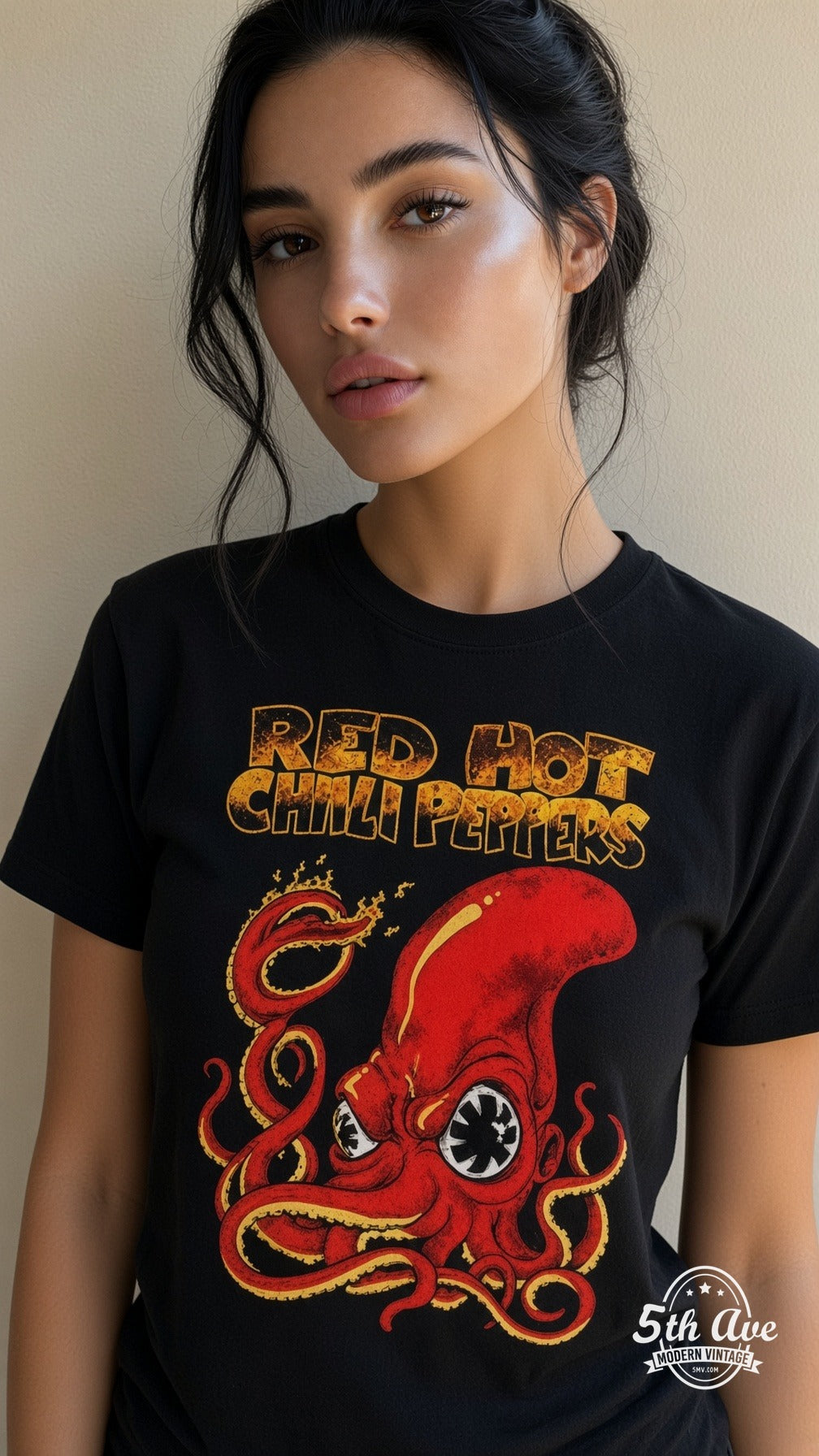 Model wearing Red Hot Chili Peppers octopus vintage band tee