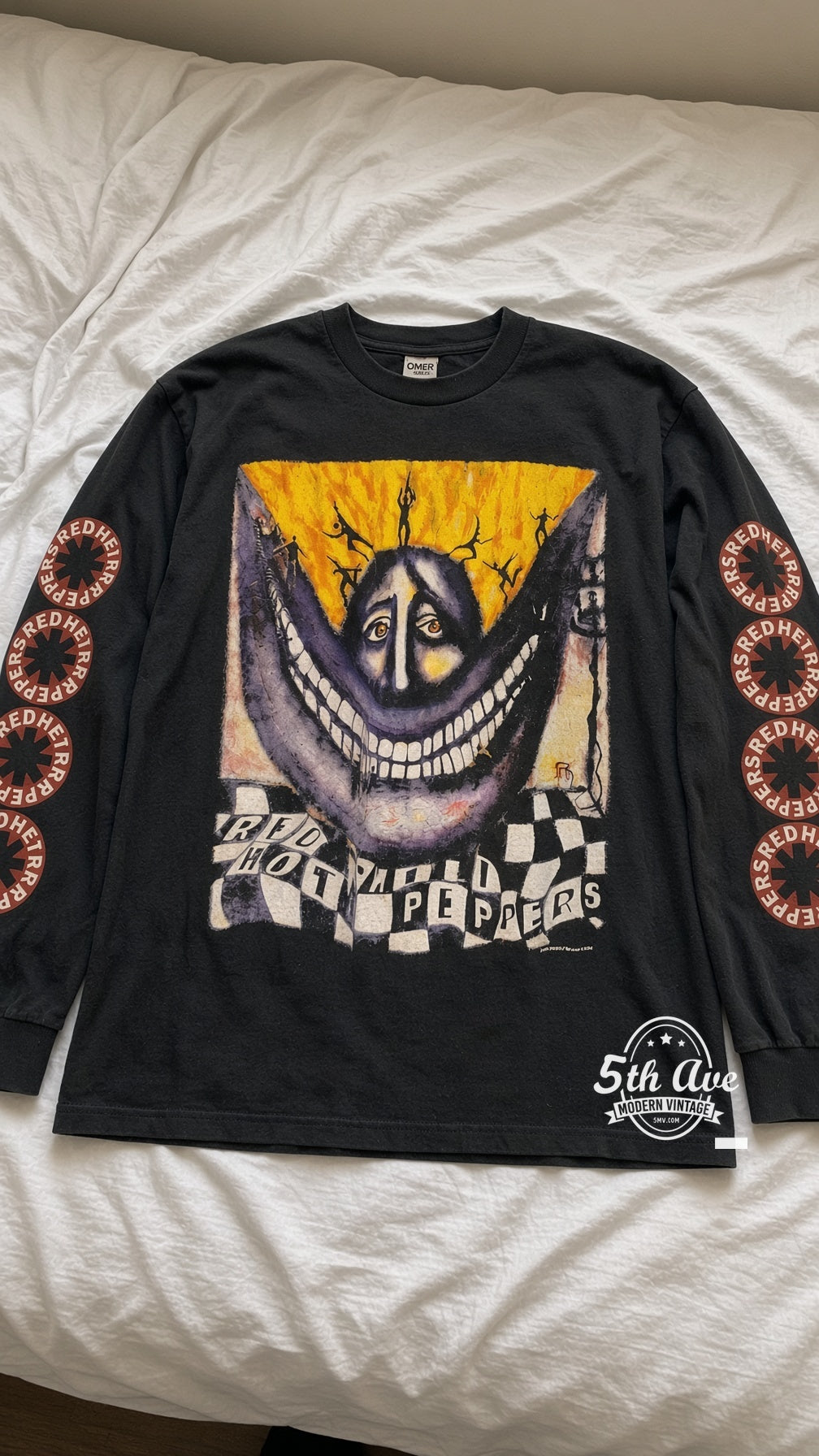 RHCP Purple Face Warlocks Big Smile Tour long sleeve vintage t-shirt laid on bed