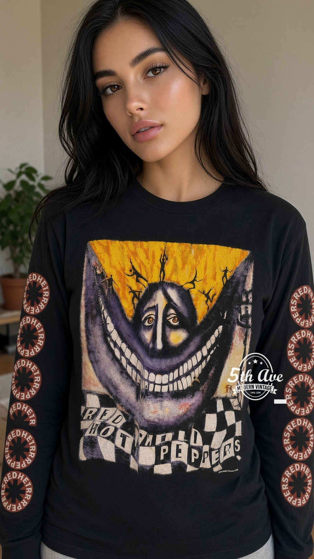 Model wearing RHCP Purple Face Warlocks Big Smile Tour long sleeve vintage band tee