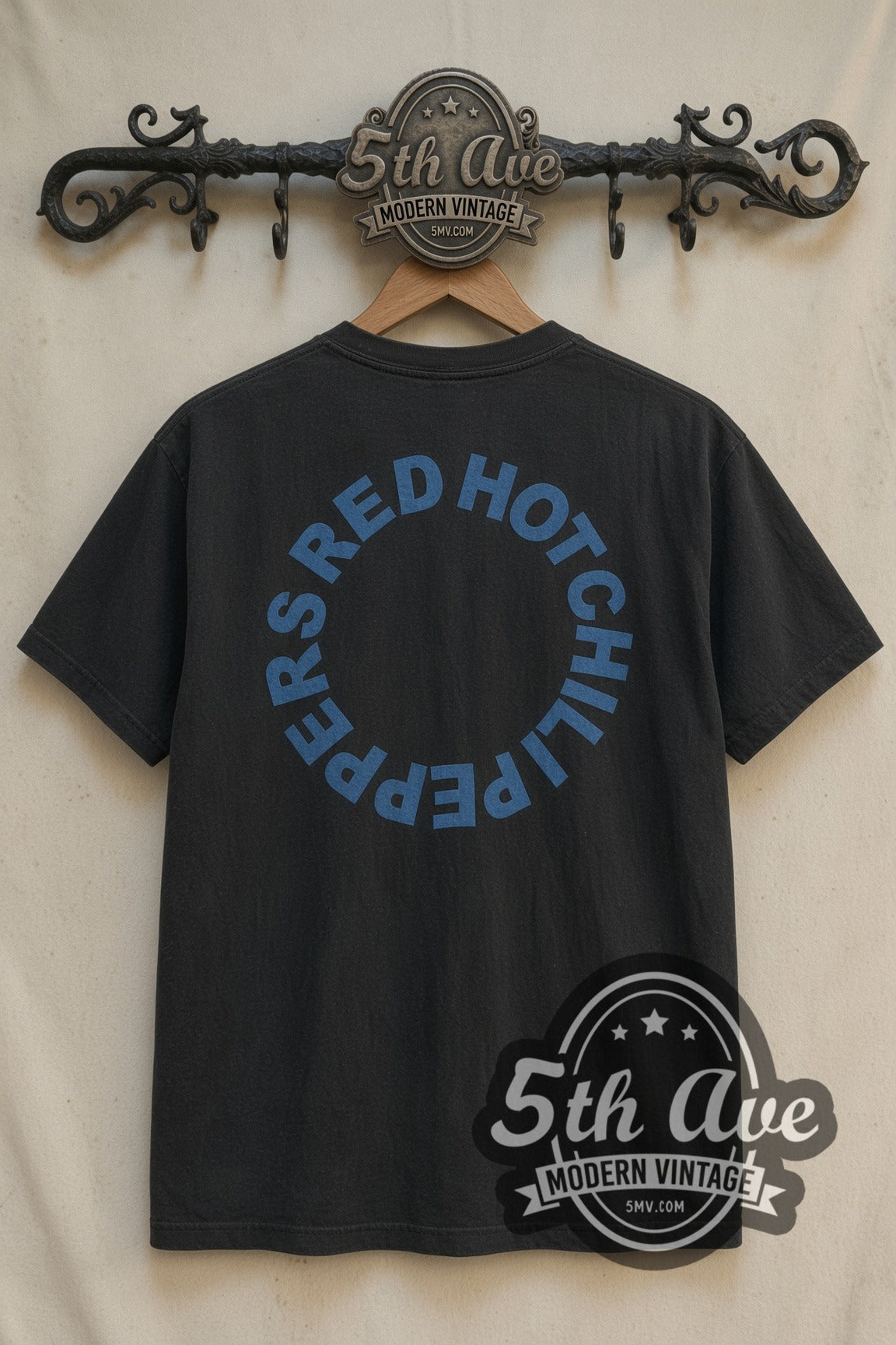 Red Hot Chili Peppers band t-shirt back with blue circle band name logo on rack