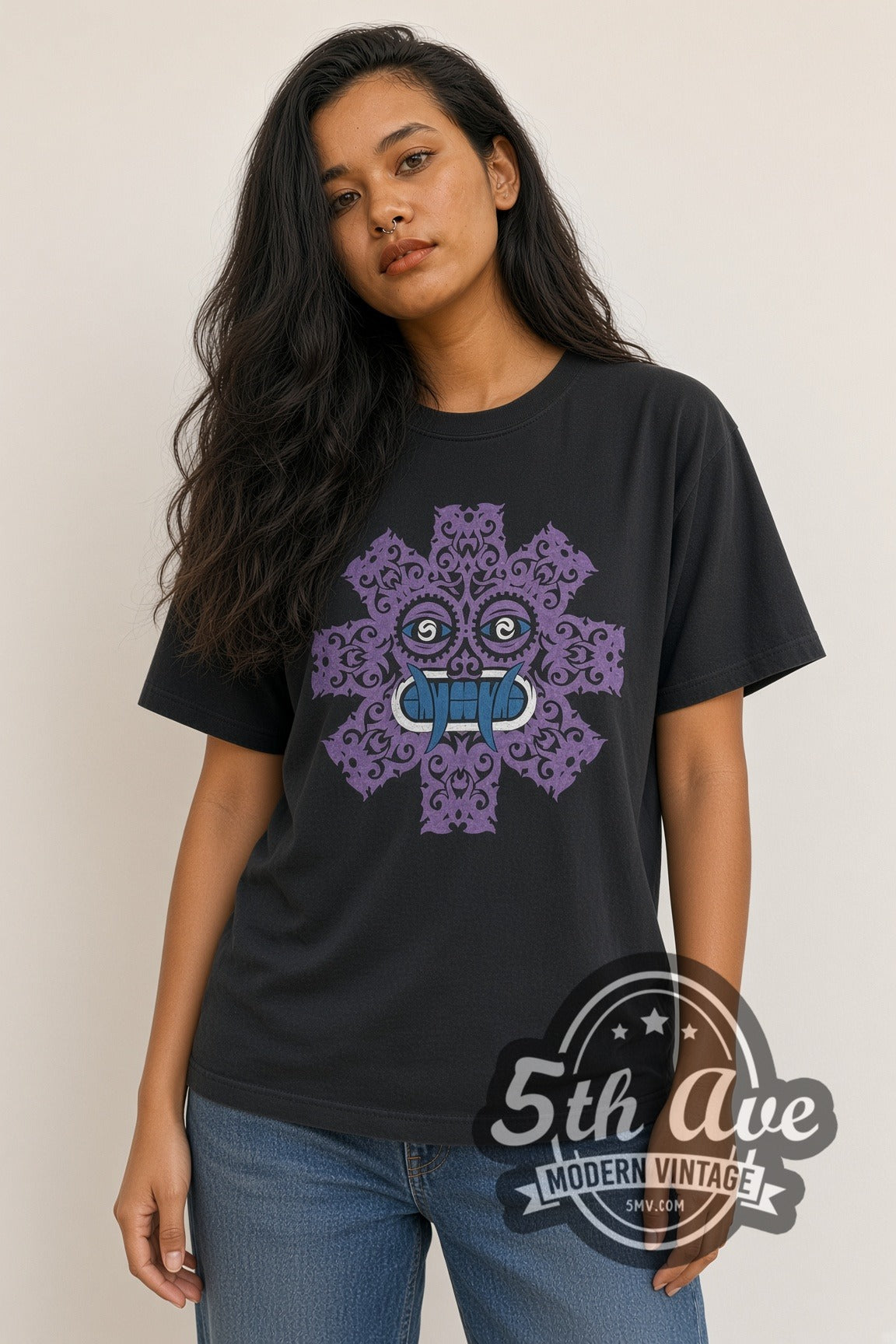 Woman wearing Red Hot Chili Peppers purple tribal face vintage band t-shirt