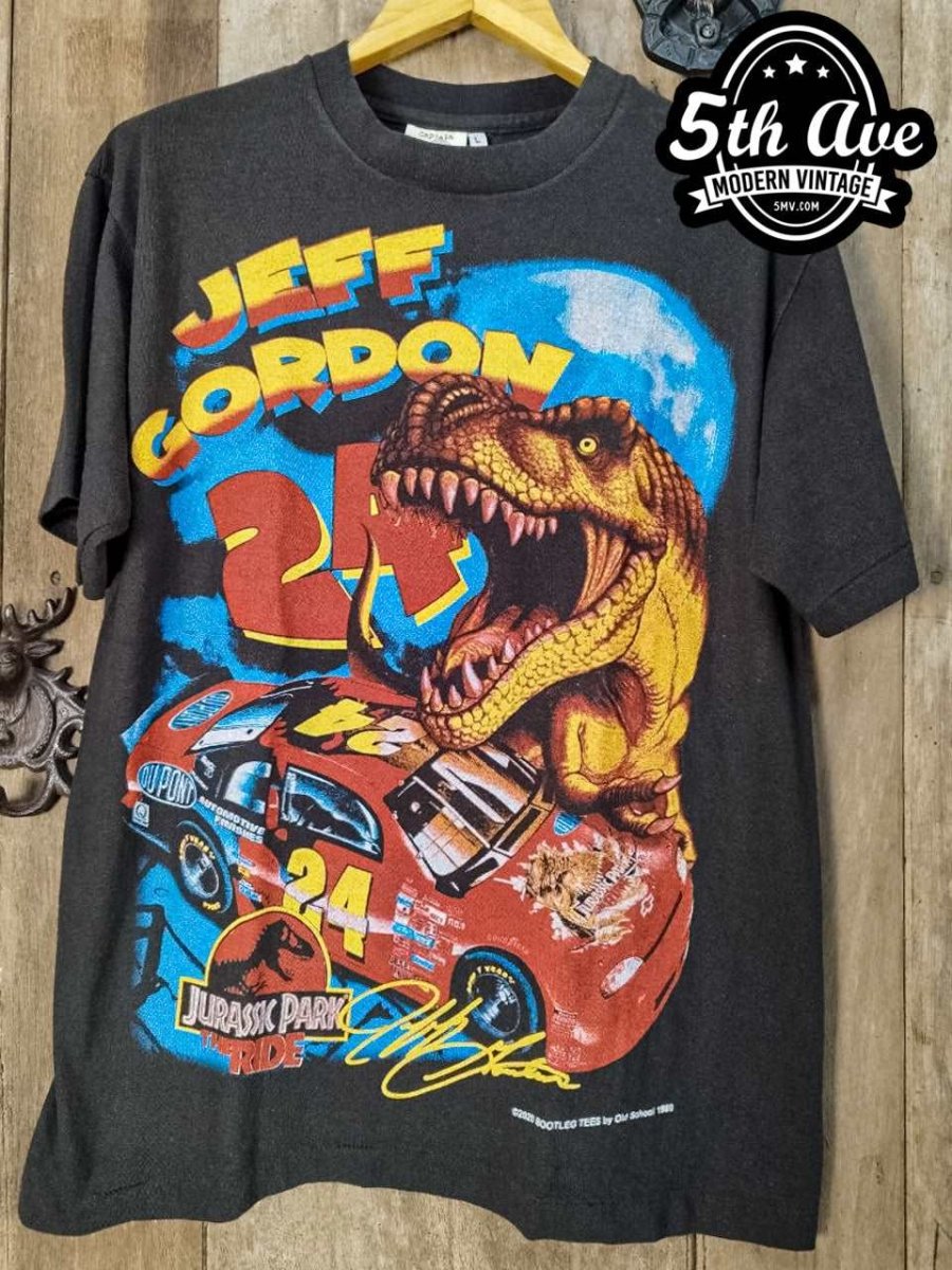 Roaring Through History: Jeff Gordon and the Jurassic Park Ride NASCAR t  shirt - Vintage Band Shirts