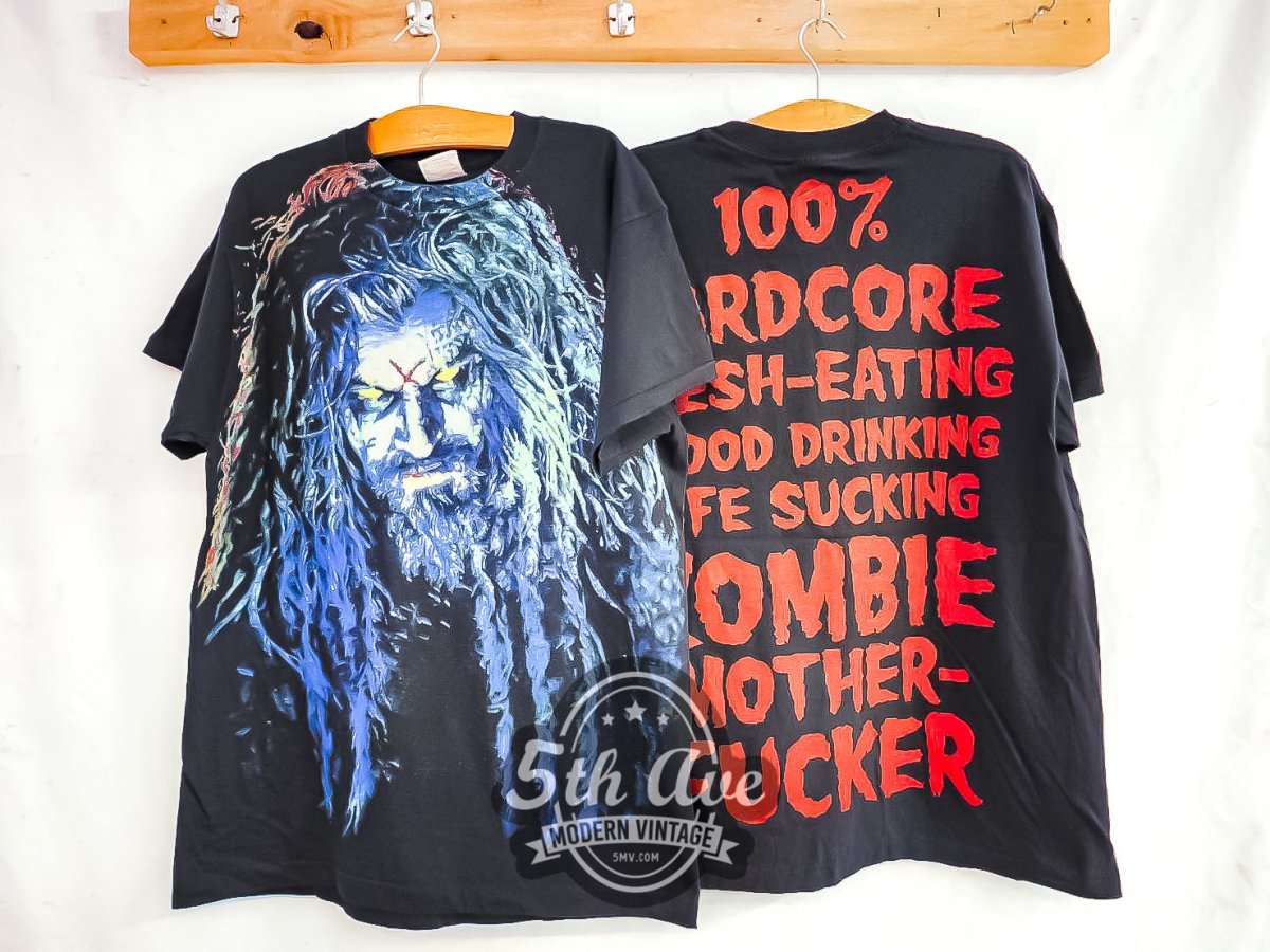 Rob Zombie '100% Hardcore | Flesh - Eating | Blood Drinking | Life Sucking | Zombie | Mother - Fucker' - AOP All Over Print Vintage Reprint Band T-Shirt - Vintage Band Shirts