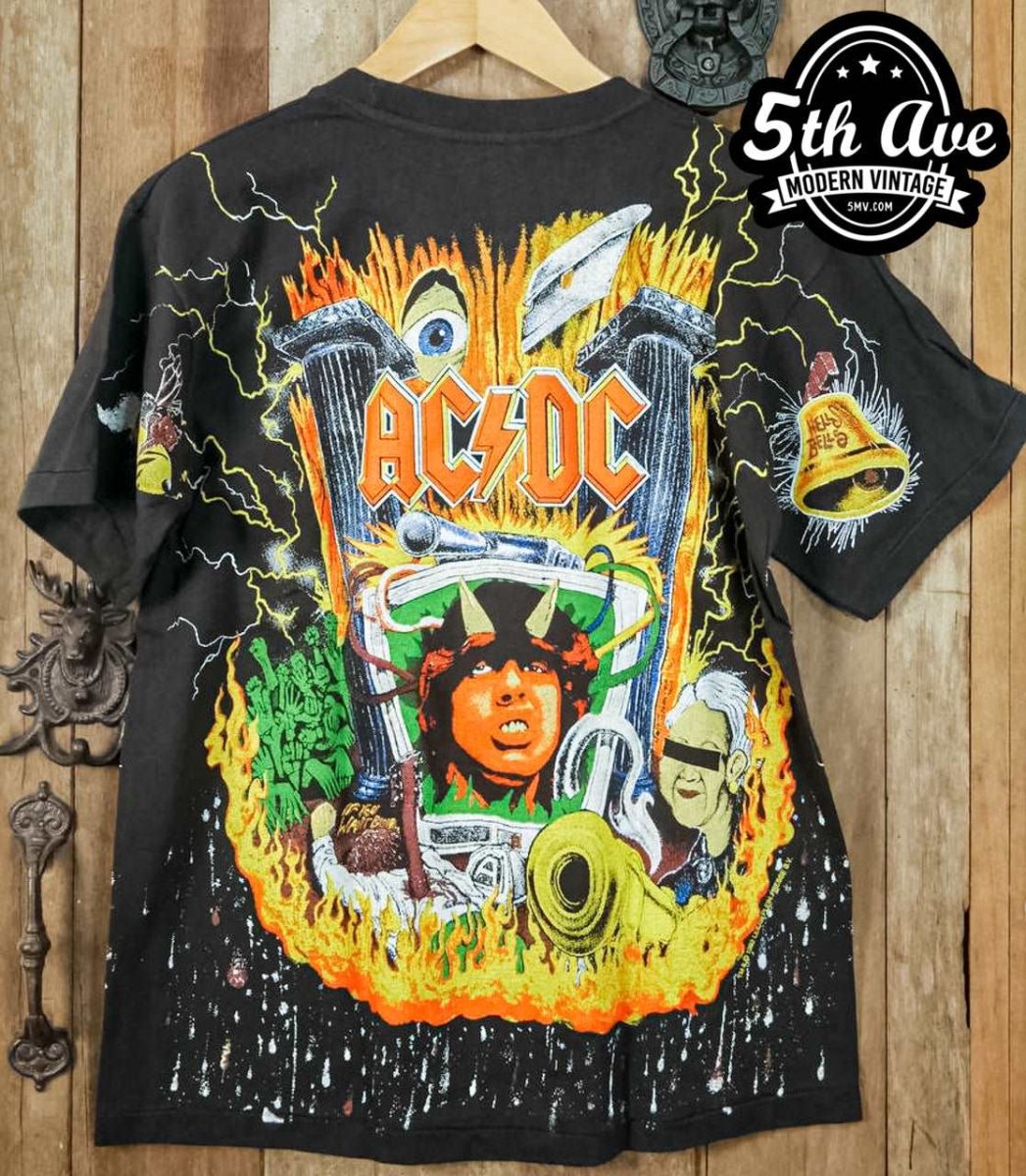 Rock 'n Roll Reverie: The All-Over Print AC/DC Angus Young Crew Neck Short Sleeve - Vintage Band Shirts