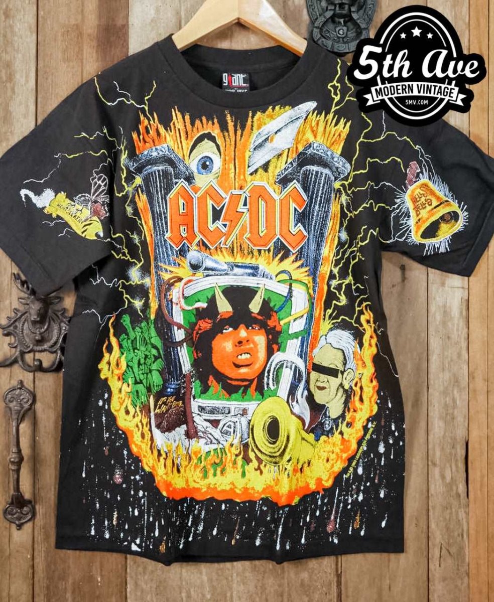 Rock 'n Roll Reverie: The All-Over Print AC/DC Angus Young Crew Neck Short Sleeve - Vintage Band Shirts