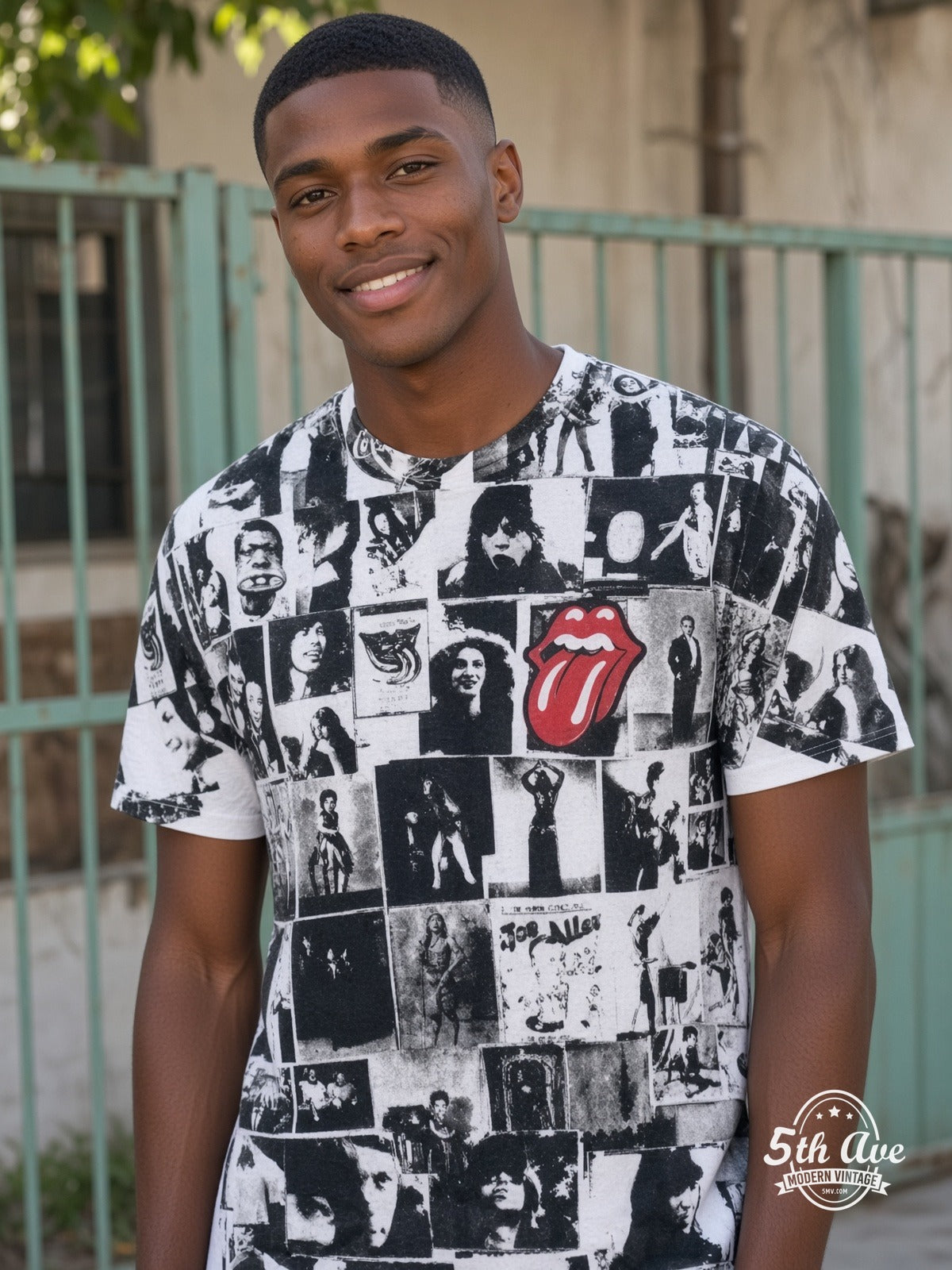 The Rolling Stones Exile on Main St Collage White all over print vintage tee model wearing