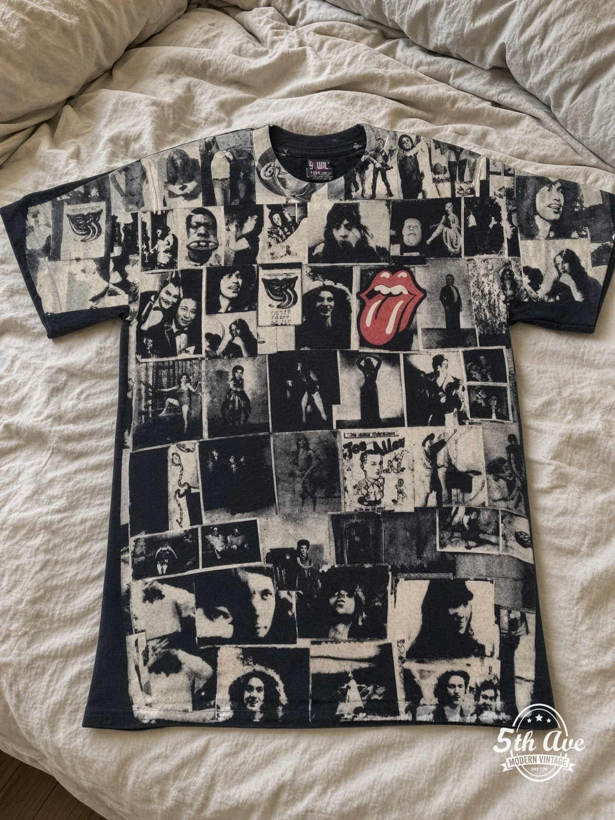The Rolling Stones Exile on Main St Collage all over print vintage tee laid on bed