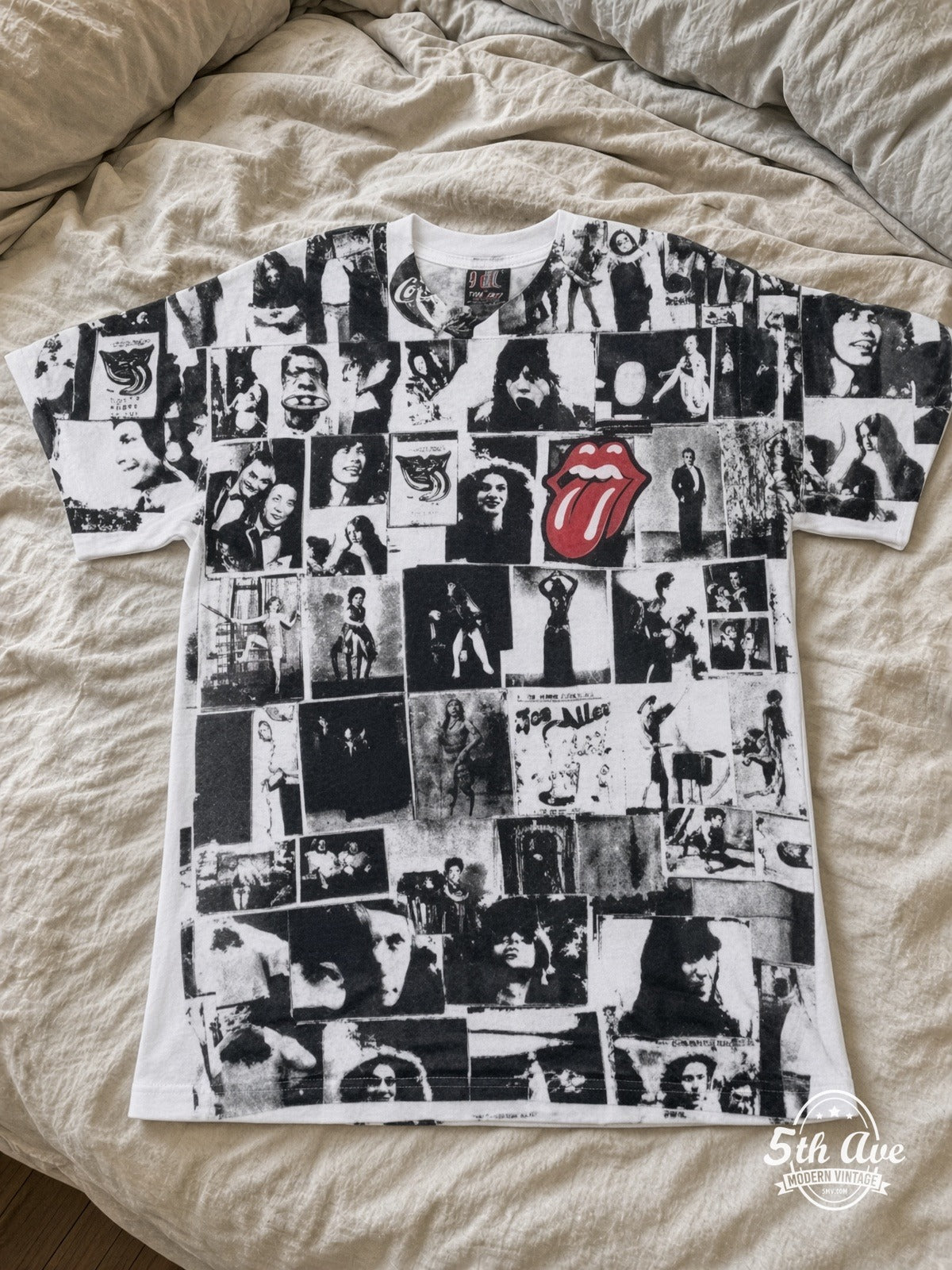 The Rolling Stones Exile on Main St Collage White all over print vintage tee laid on bed