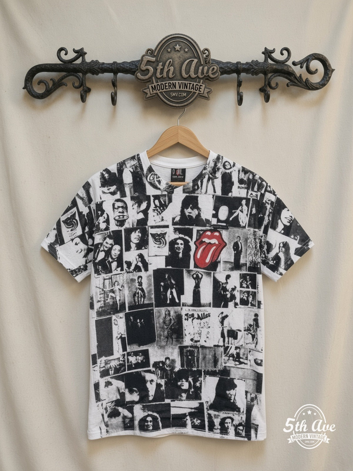 The Rolling Stones Exile on Main St Collage White all over print vintage band t-shirt front on cream 5th Ave rack