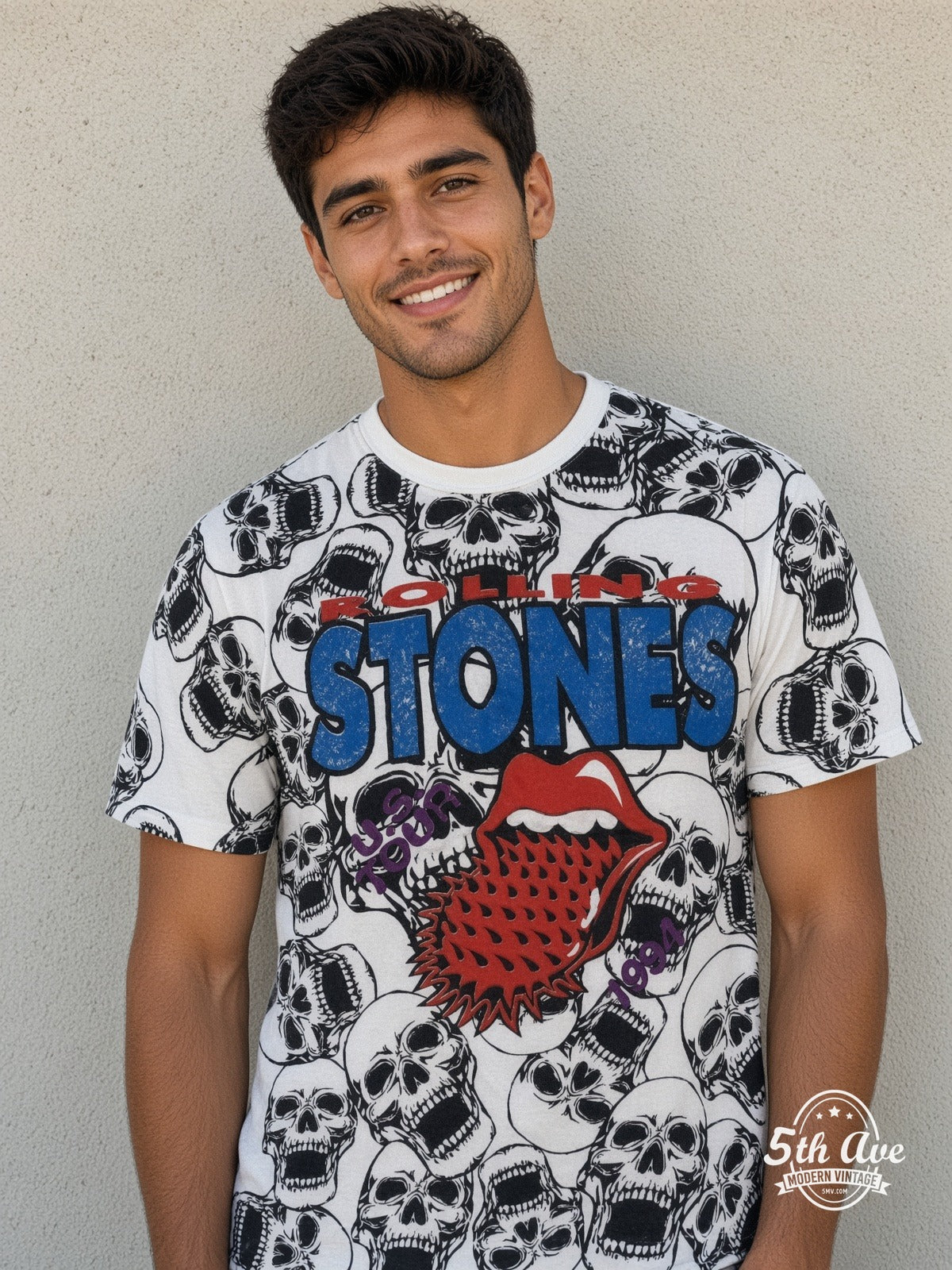 The Rolling Stones Voodoo Lounge Skulls all over print vintage tee model wearing