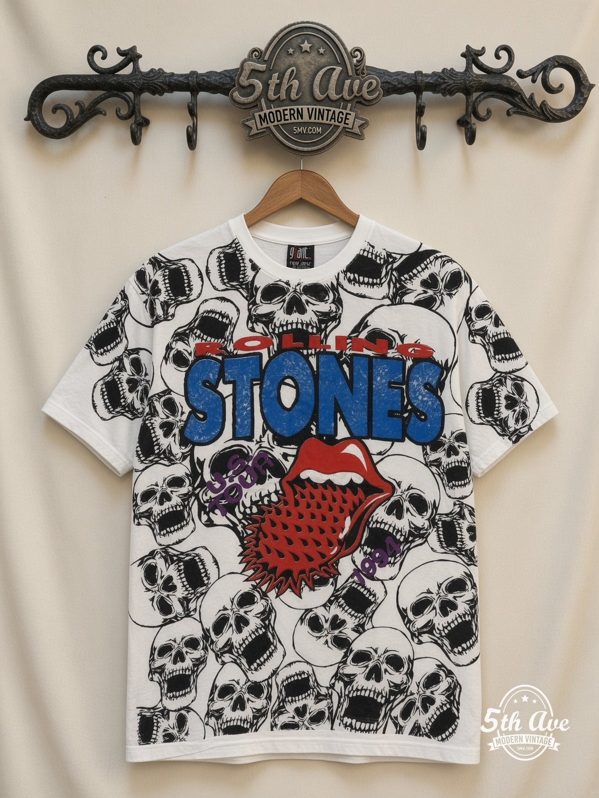 The Rolling Stones Voodoo Lounge Skulls all over print vintage band t-shirt front on cream 5th Ave rack