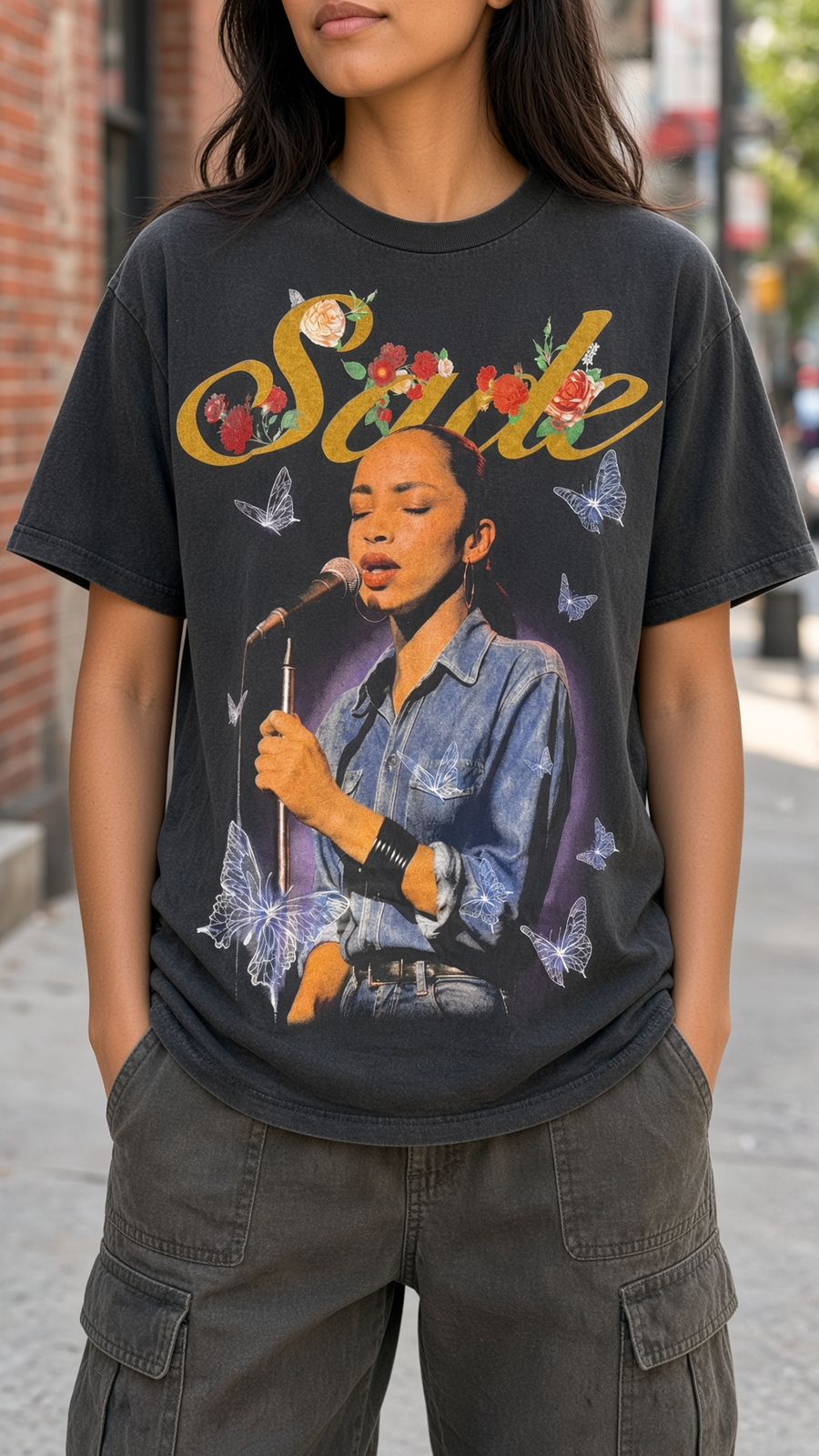 Model wearing Sade The Best of Sade vintage band t-shirt