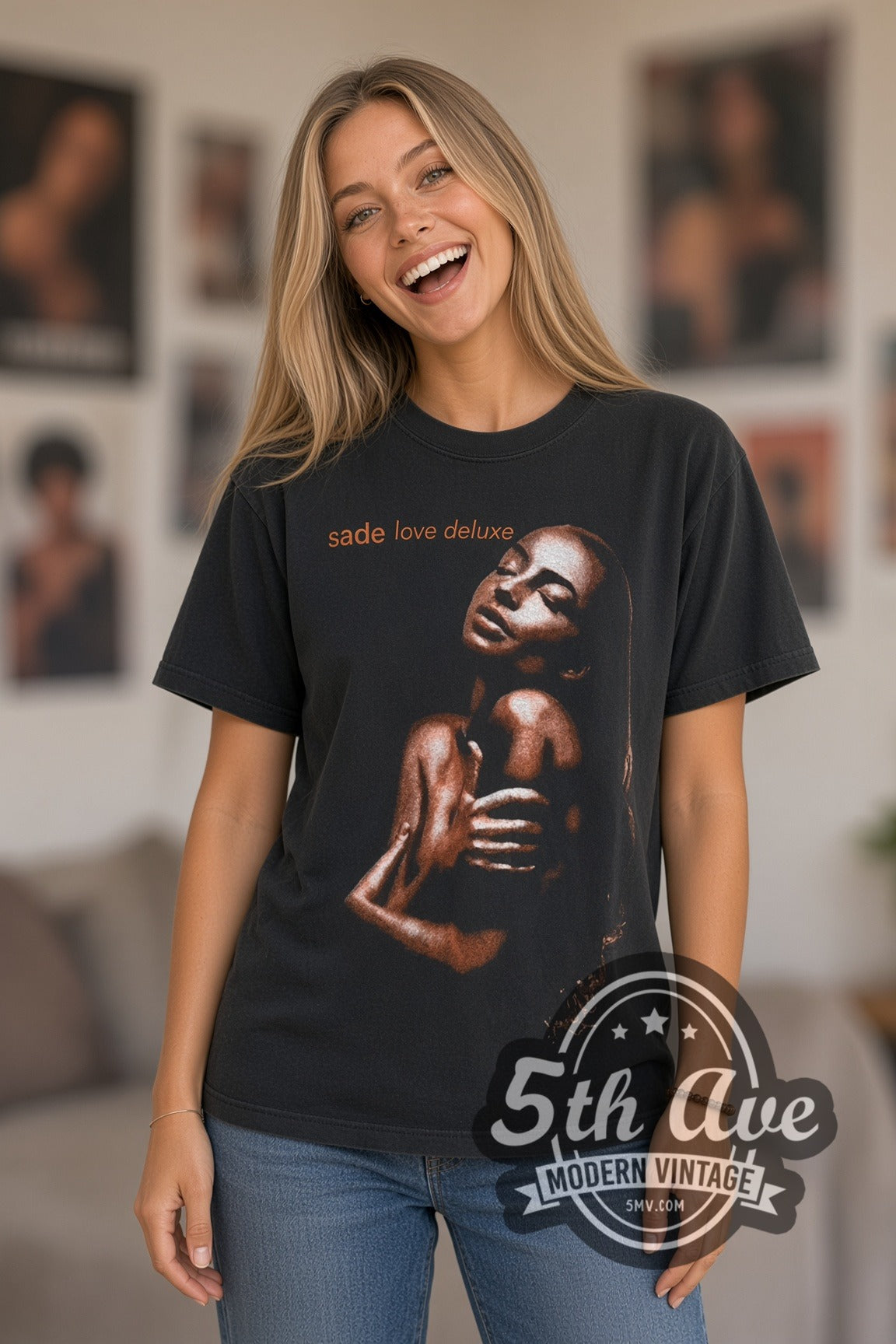 Woman wearing black Sade Love Deluxe vintage band t-shirt