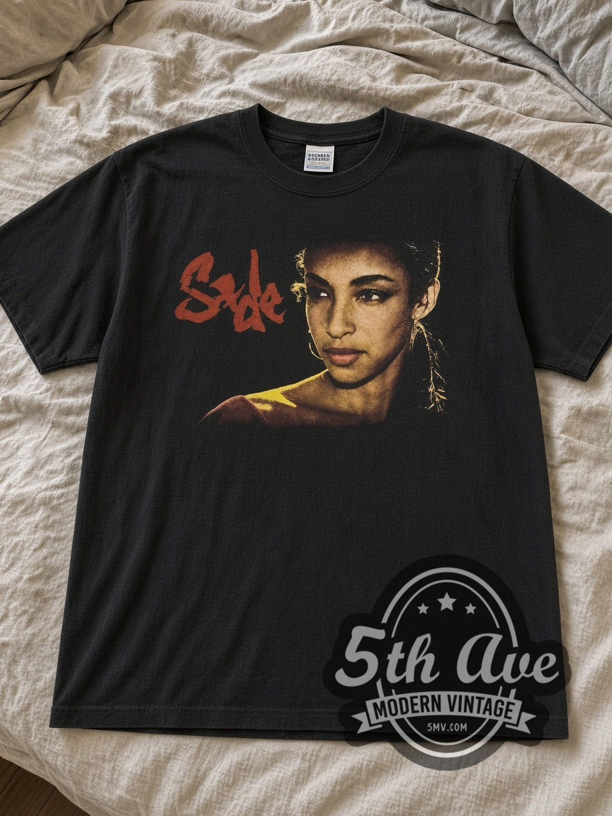 Black Sade Lovers Rock Tour 2001 Portrait & Dates tee laid flat on linen bed