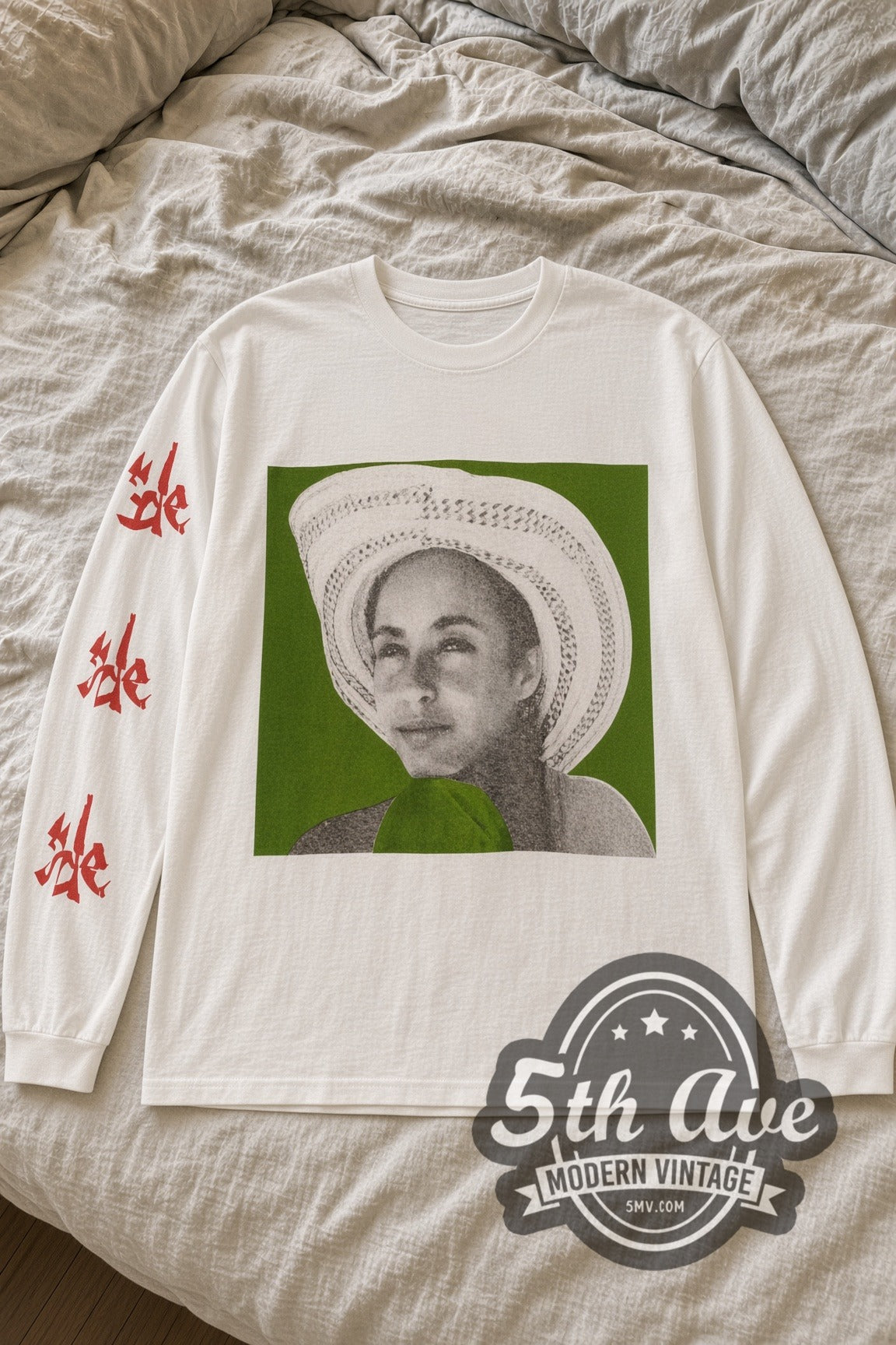 Sade Stronger Than Pride Straw Hat Portrait Long Sleeve vintage band t-shirt laid flat on bed