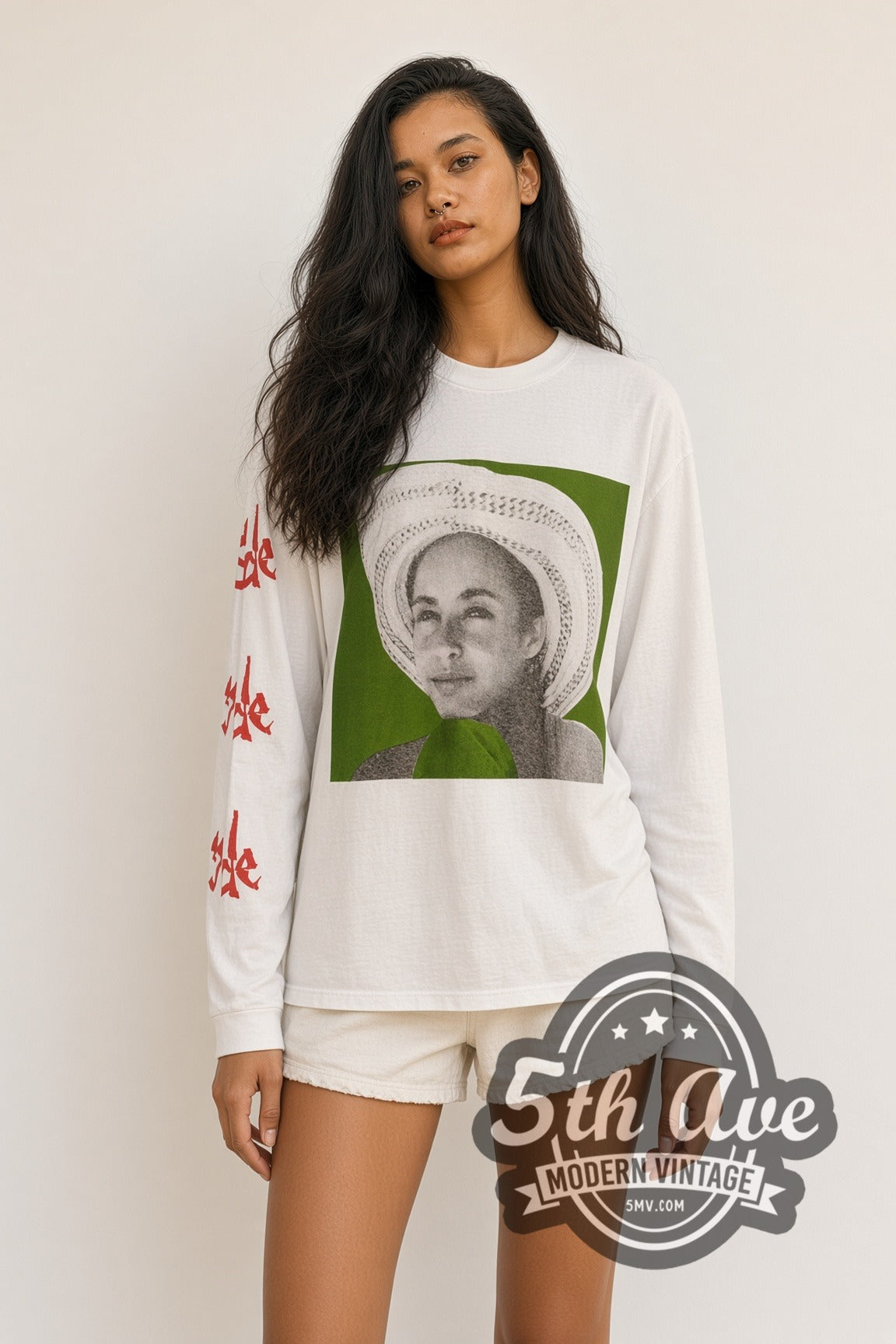 Model wearing Sade Stronger Than Pride Straw Hat Portrait Long Sleeve vintage band t-shirt