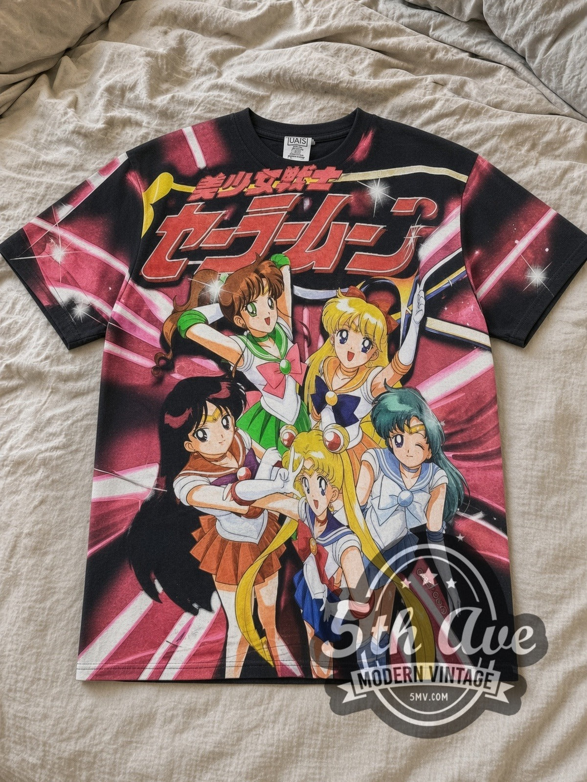 Black Sailor Moon Sailor Guardians All Over Print Vintage Anime T-Shirt laid flat on a linen bed
